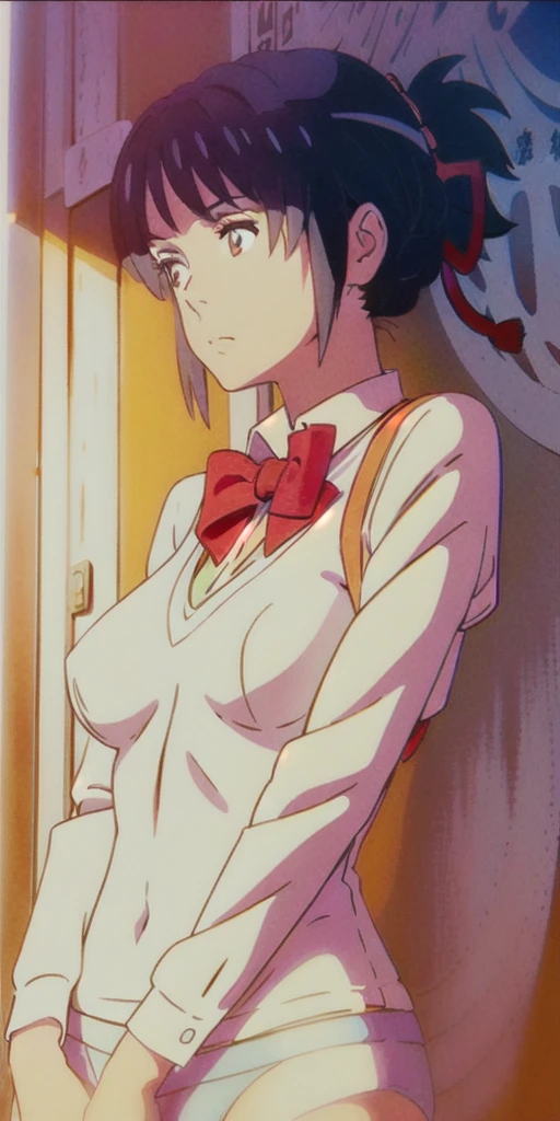 miyamizu_mitsuha, red bowtie,
jewelry, white yoga crop top, white yoga tight shorts, hands on chest,see-through, looking at viewer, hair ornament, choker, shy,
(masterpiece, top quality, best quality, official art, beautiful and aesthetic:1.2), (1 girl), extreme detailed, colorful, highest detailed,
(huge breasts:1.2, upper body, from below, cameltoe, ) white panties,
china city,street, sun, cloud, wall, leaning,