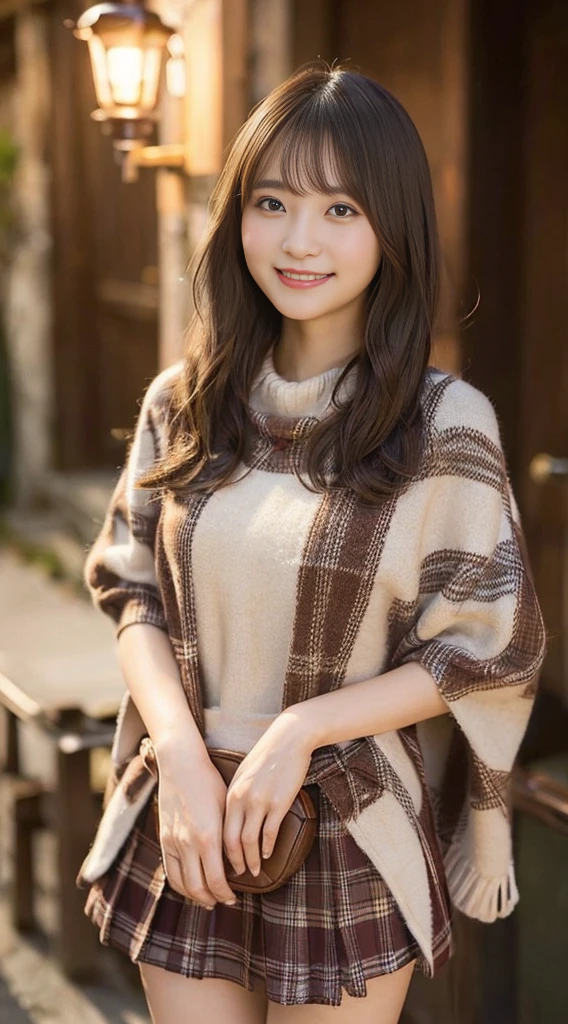 tmasterpiece、8K、32k、quality、(Detailed eyes)、Brown hair long,colours,(A lovely Japanese woman、through bangs)、23years old、1 girl in、elegant、(Detailed background depiction、Abortion:1.2)、(bob cuts:1.3)、(lamplight、yuki:1.4)、(slalom:1.2)、(wool poncho、Plaid mini skirt、upper legs, upper legs, upper legs:1.2),(face flushed、cheerfulness:1.4)、(Look from the bottom up:1.3)