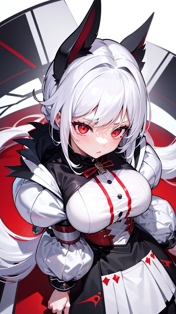 1girl,white hair,cat ears,red eyes,low angle view,white,white background,slightly large bust,long hair,(best quality,4k,8k,highres,masterpiece:1.2),ultra-detailed,anime style,official character art,
