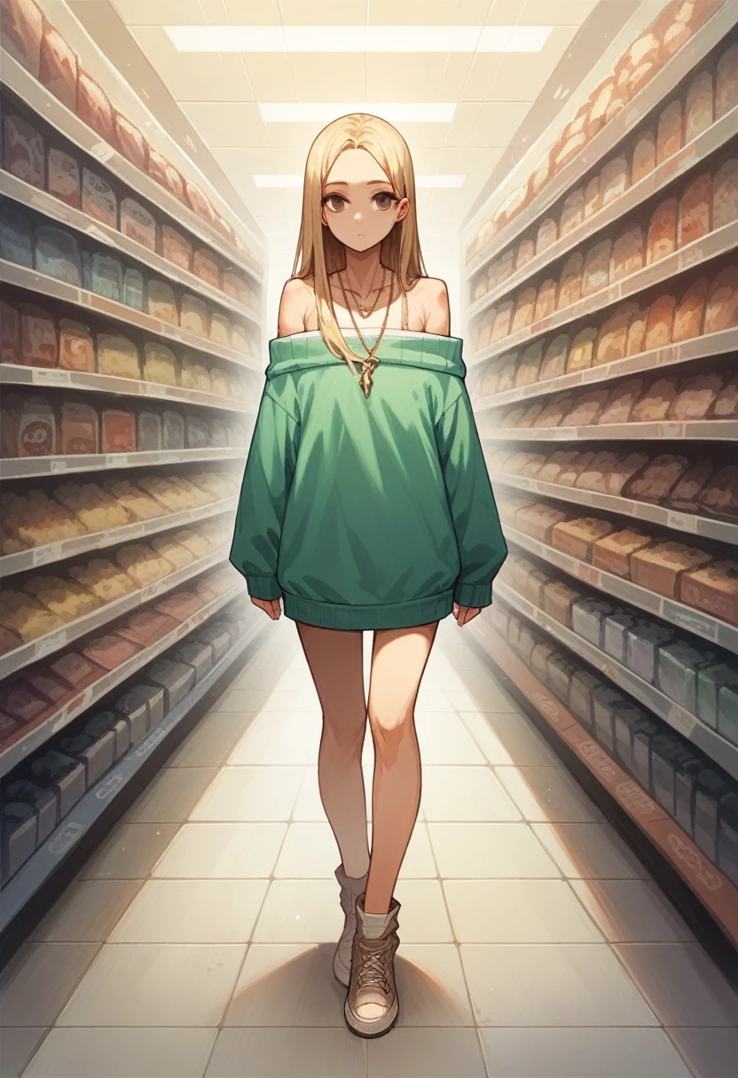 1girl in, age19, alone, Long hair, Colossal , Viewers look at, blond hair, bare shoulders, brown eyes, Jewelry store, Full body, a necklace, off shoulders, pullover, realisti, A sexy