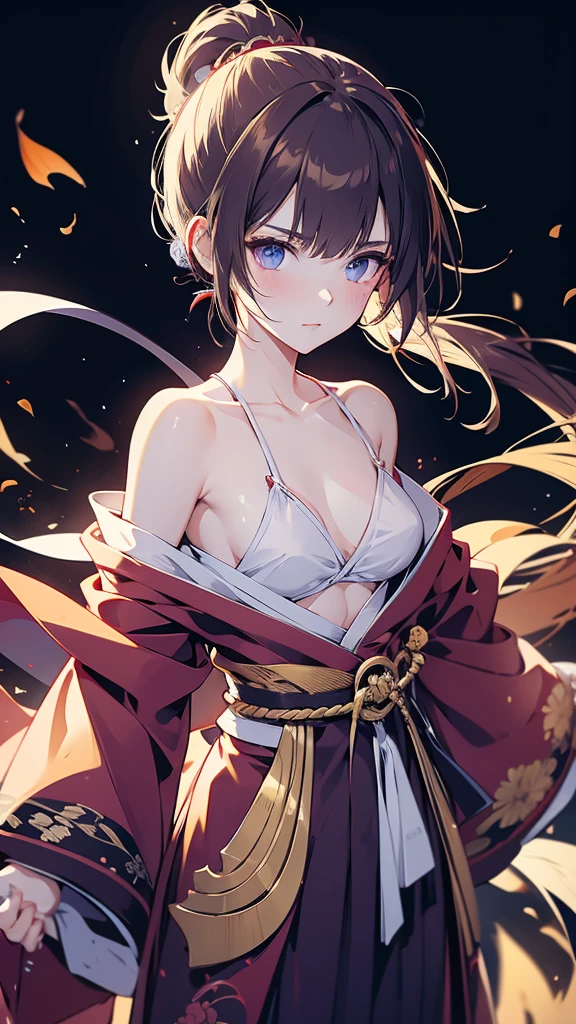 kimono open the chest , roll up bandage on a  chest tightly to cover the chest without gaps under kimomo, Japanen Gangster woman, Killing Qi, wear the kimono, Upper body clothes come off ,wear the kimono multiple times, Bare shoulders, black and gold kimono, put on over jacket of kimono, holding a japanese sword , long sword which shine in purple, high angle, whole body