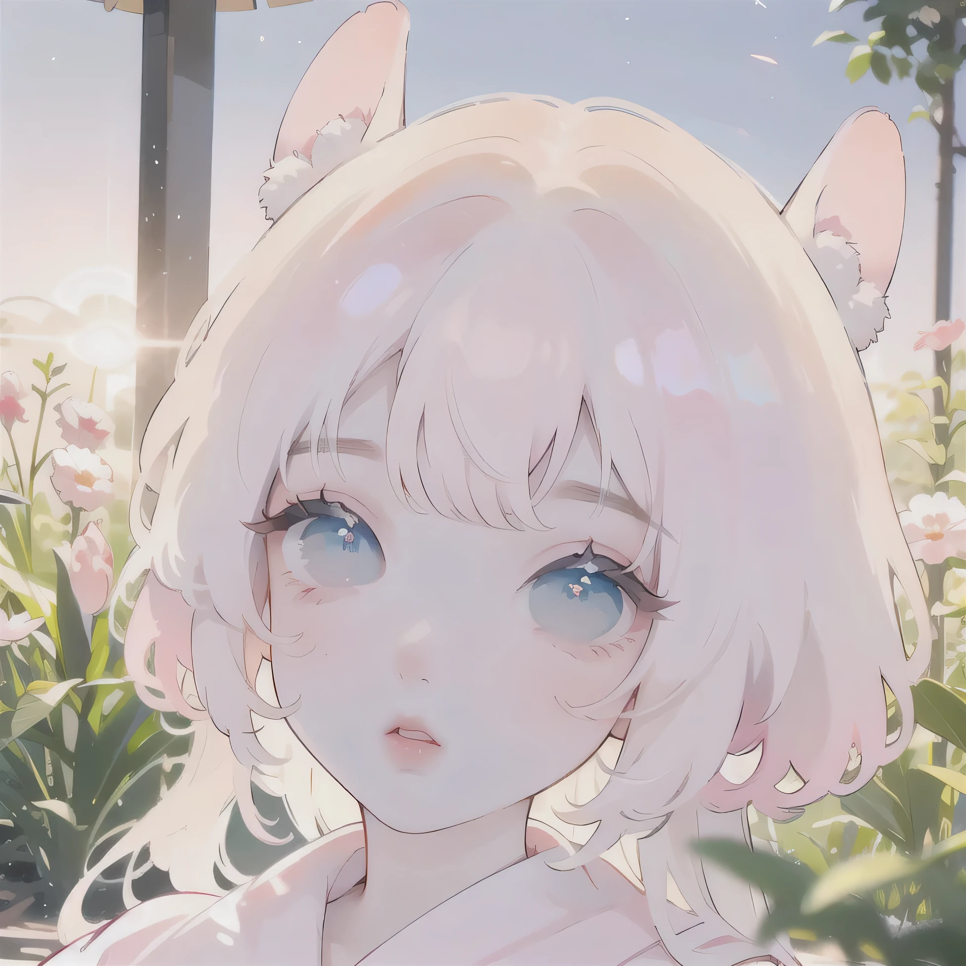 (high quality) (best quality) (a woman) (correct physiognomy) (perfect students) (perfect eyes) anime woman, deep pink long and fluffy hair pink, two rabbit ears coming out of her head, blue eyes, lips sensitive, feminine appearance, soft facial features, thin eyebrows, soft skin, rosy cheeks, pink lips, silky eyelashes, dreamy expression, middle age, youthful clothing, print sweatshirt, photo illuminated by sunlight, Woman sitting on forest.