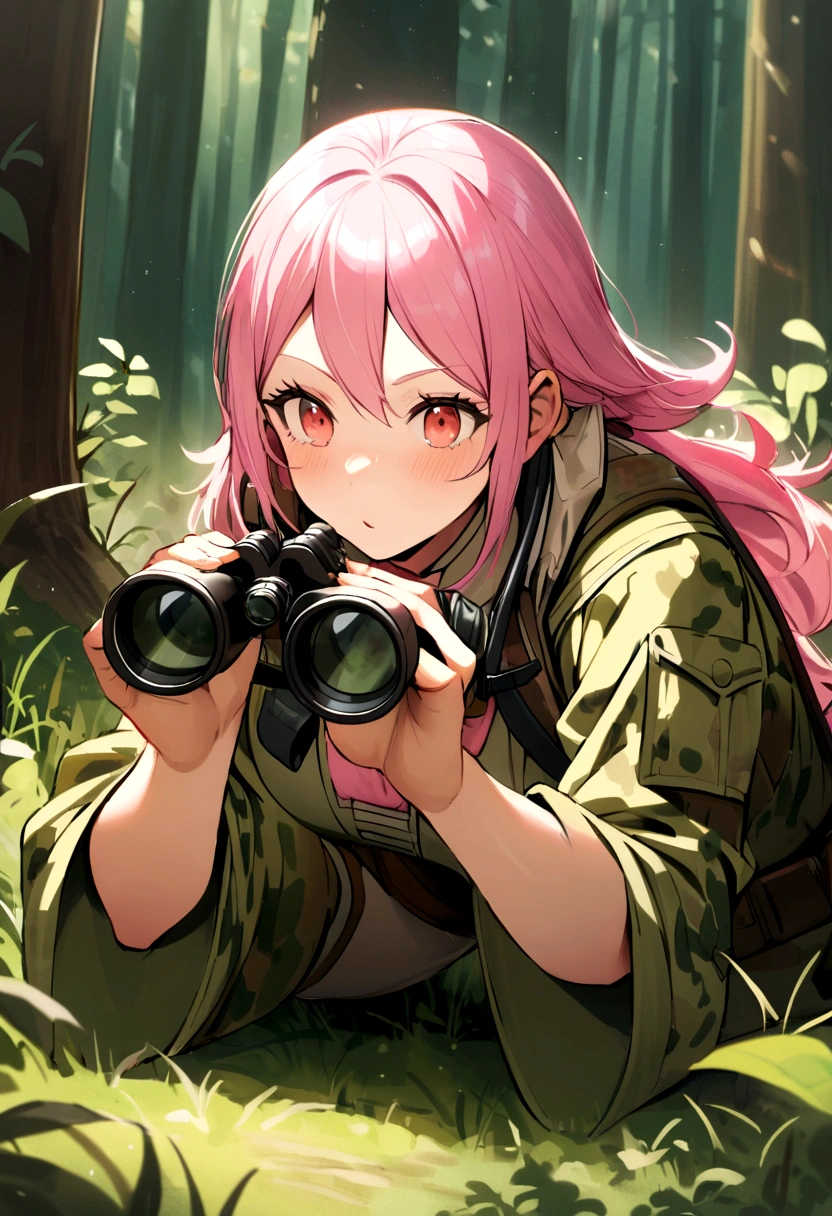 reconnoiter、in the forest、camouflage、Pink Hair、crawling、Holding binoculars in hand