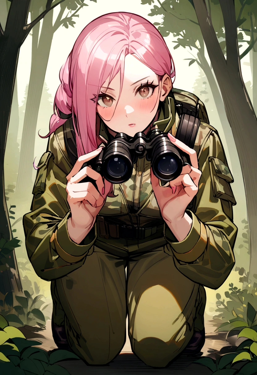 reconnoiter、in the forest、camouflage、Pink Hair、crawling、Holding binoculars in hand