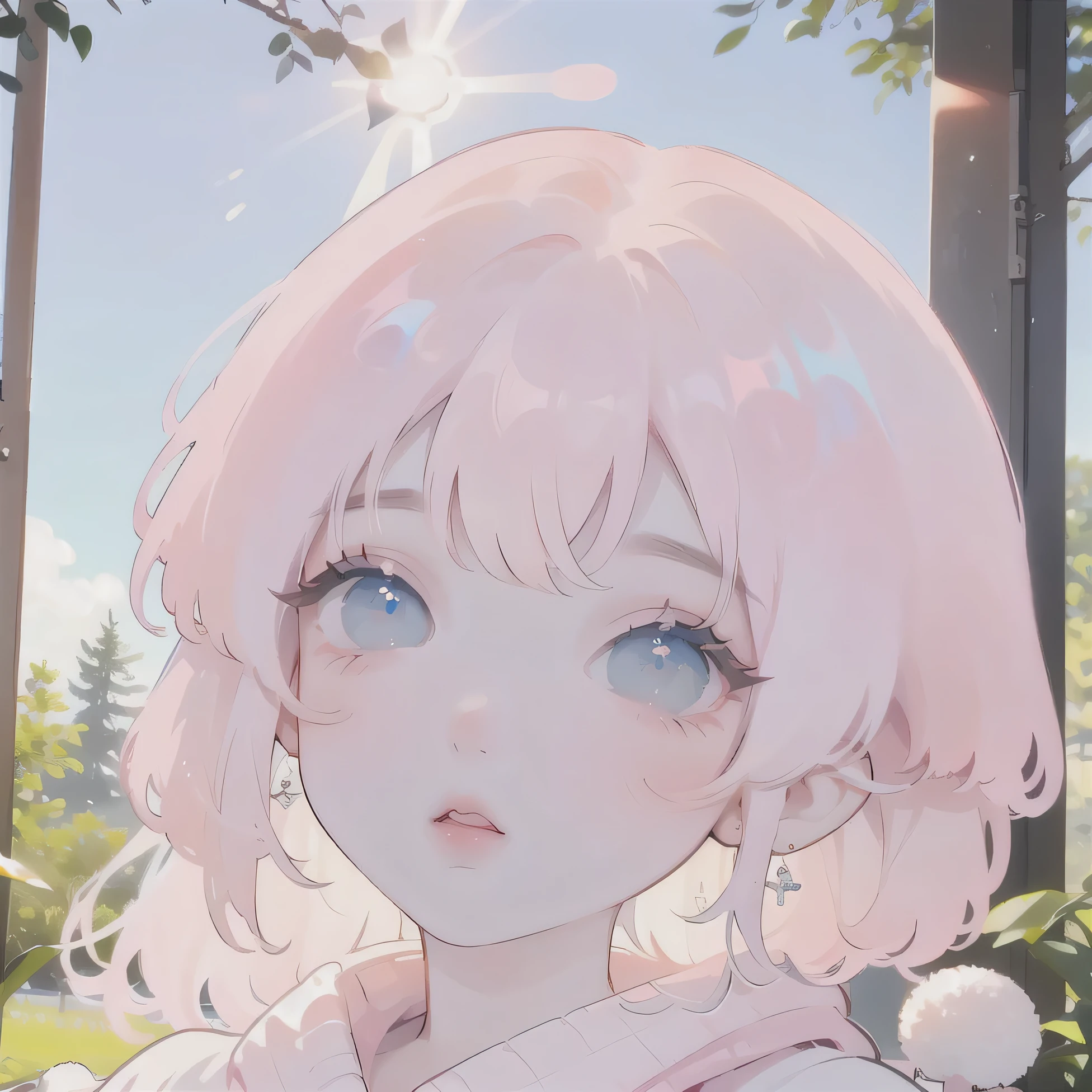 (high quality) (best quality) (a woman) (correct physiognomy) (perfect students) (perfect eyes) anime woman, deep pink long and fluffy hair pink, two rabbit ears coming out of her head, blue eyes, lips sensitive, feminine appearance, soft facial features, thin eyebrows, soft skin, rosy cheeks, pink lips, silky eyelashes, dreamy expression, middle age, youthful clothing, print sweatshirt, photo illuminated by sunlight, Woman sitting on forest.
