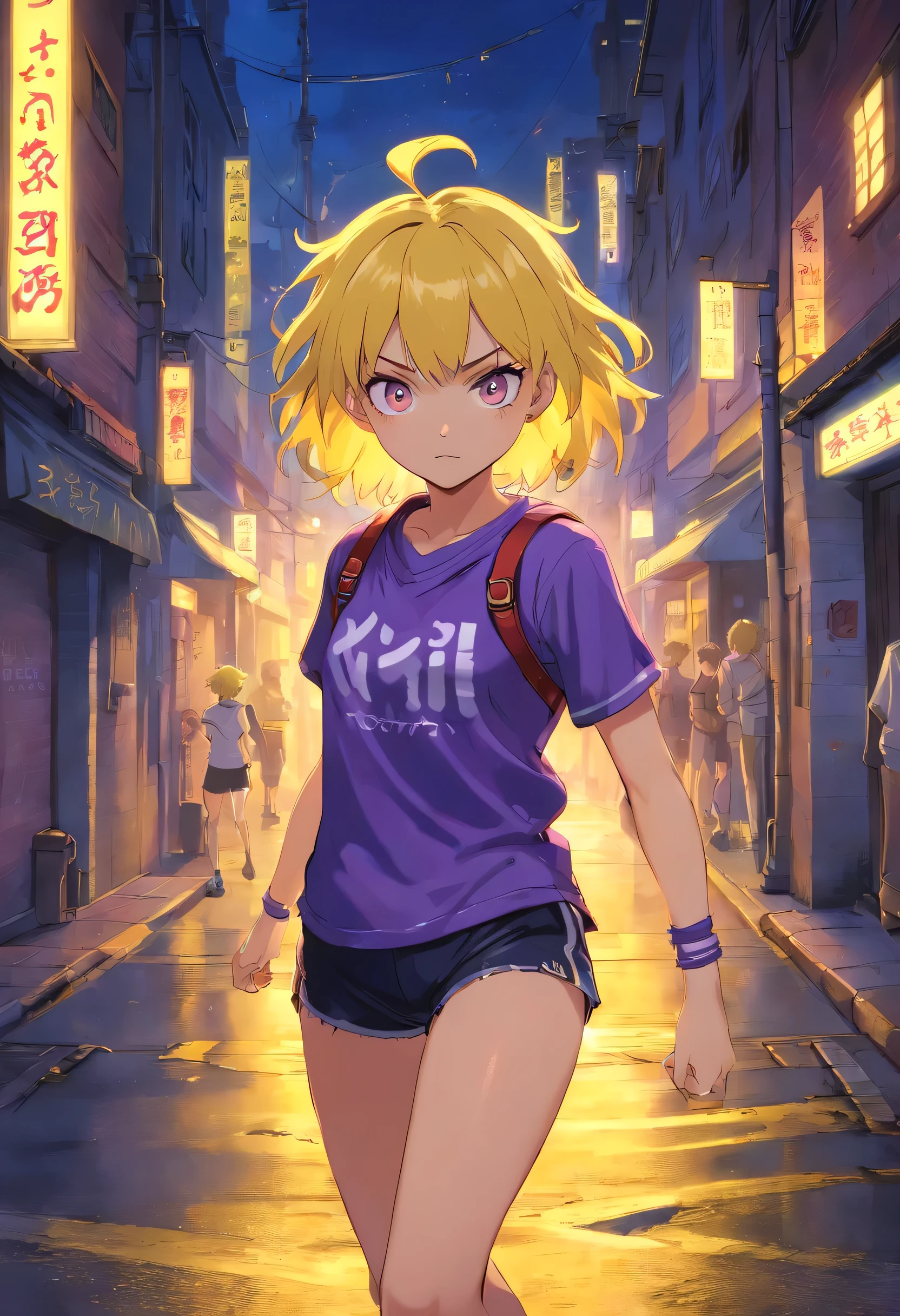 an athletic girl, flat chest, yellow hair, short messy hair, purple eyes,eyes glow in the dark, punk, tough and aggressive, night, on the street,