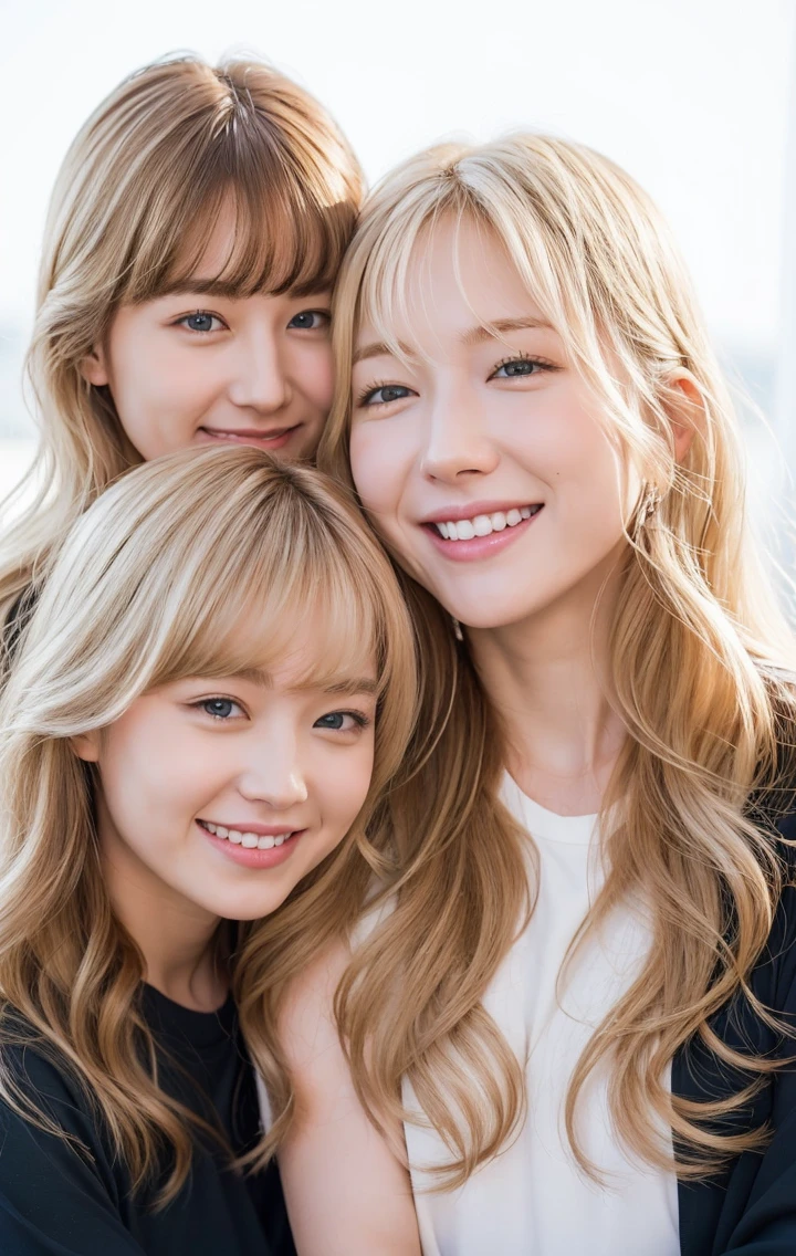 White blond loving couple, with bangs and boy with wavy hair hugging and smiling