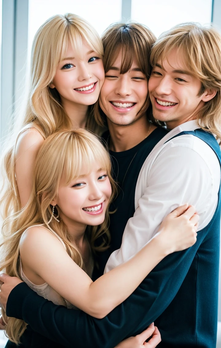 White blond loving couple,  with bangs and boy with wavy hair hugging and smiling
