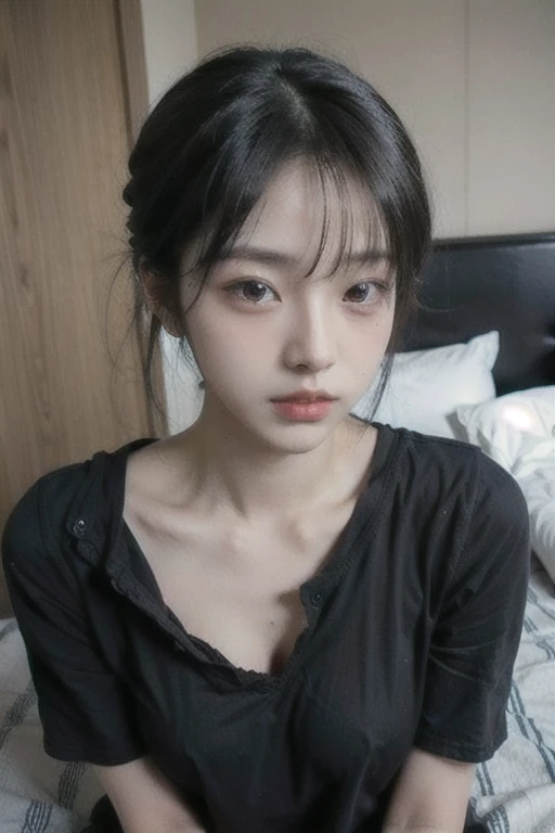 1girl, place bedroom, sweaty, fair skin, black hair, ripped clothes, eyes colour black, face, big ass, high quality,