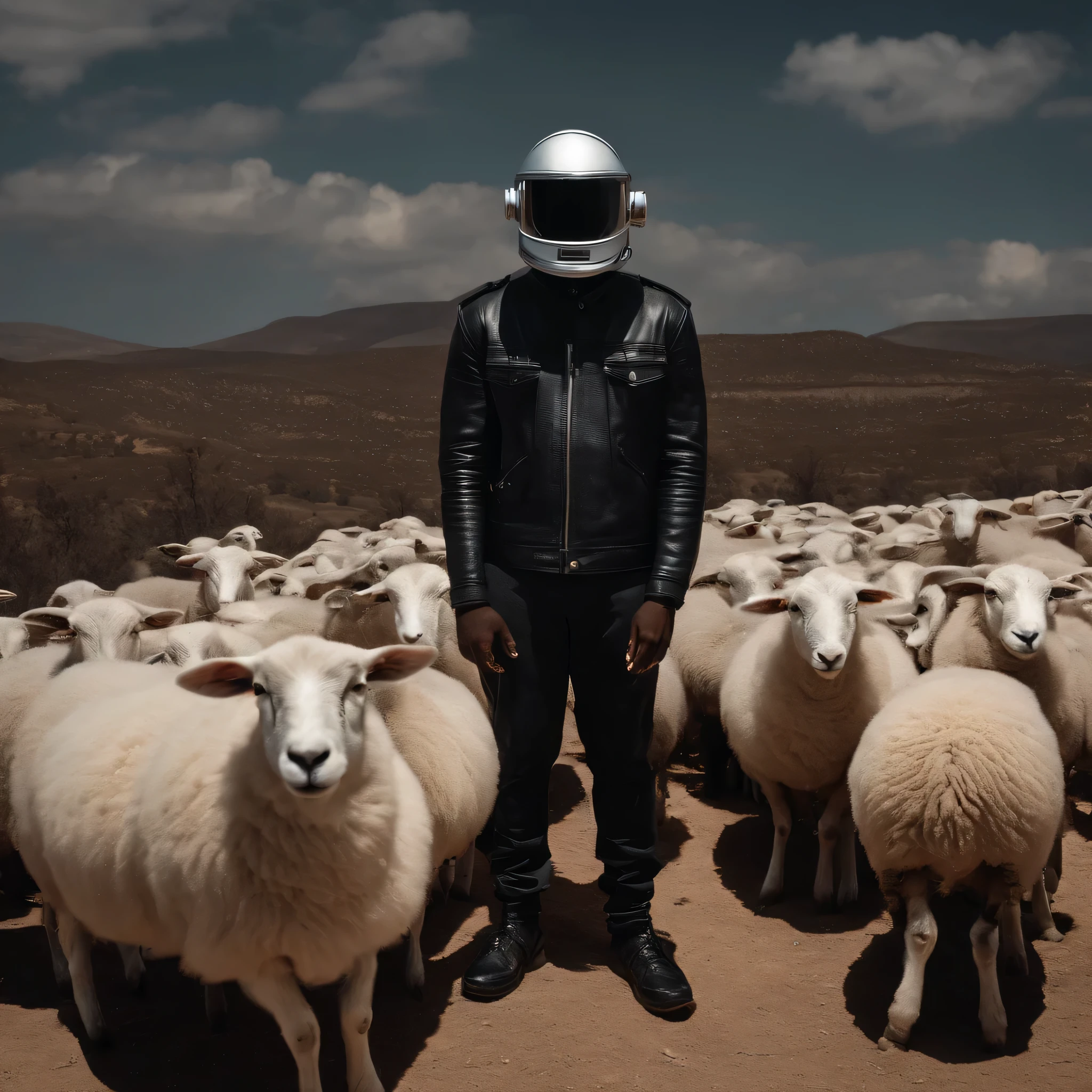 Black american guy on the moon surrounded by sheep with black fur, blacksheep, the subject is wearing a daft punk type of helmet 
{subject}  in the style of dark and gritty hip hop aesthetics, vibrant portraiture, bold color, urbancore, toy camera effects, raw street photography