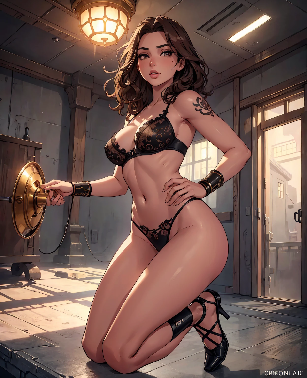 beautiful detailed eyes, beautiful detailed lips, extremely detailed eyes and face, long eyelashes, 1girl, panties laces, full body, sensual, seductive, elegant, slim, athletic, muscular, bronze skin, wavy brown hair, confident, sexy pose, high heels, detailed tattoo, detailed jewelry, dramatic lighting, cinematic, photorealistic, hyper detailed, award winning, 8k, high quality, masterpiece, realistic, studio lighting, physically-based rendering
