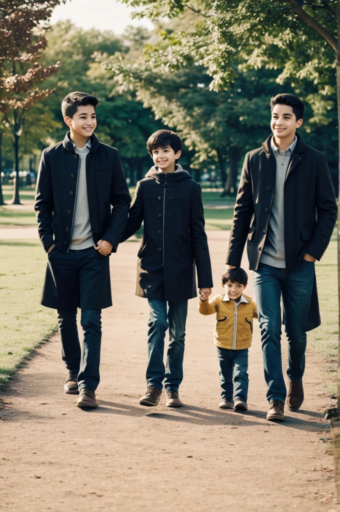 2 boys and 1 girl walk on the park and pick hands walk 