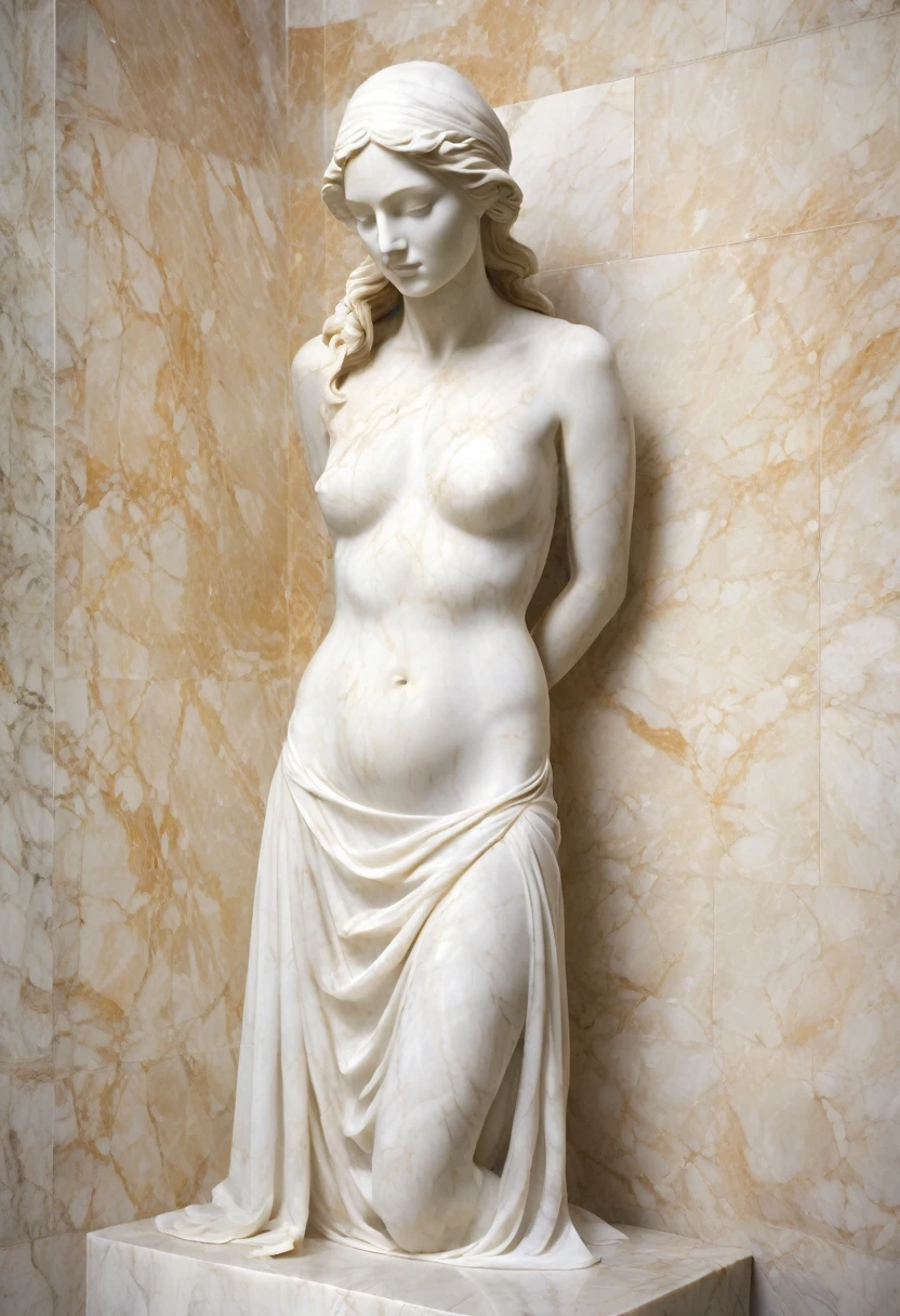 Image of a woman carved in marble. The woman appears to be without clothes but covered by a thin sheet, allowing the shape of her body to appear without being vulgar.