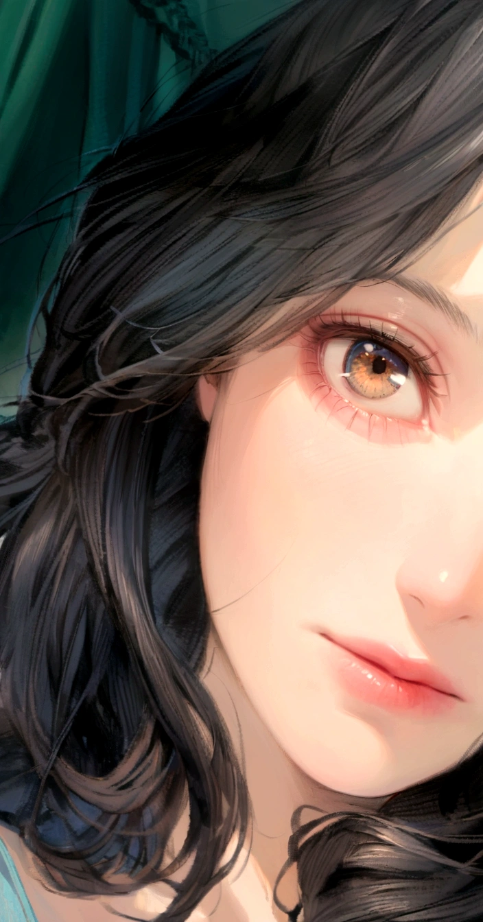 there is a woman with a blue shirt and a green curtain, close up face, stunning closeupheadshot, with cute doting eyes, black hair and large eyes, closeup face, cute and friendly eyes, large downslanted eyes, accurate brown eyes, brown eyes and white skin, very bright brown eyes, bright piercing brown eyes, closeup shot of face