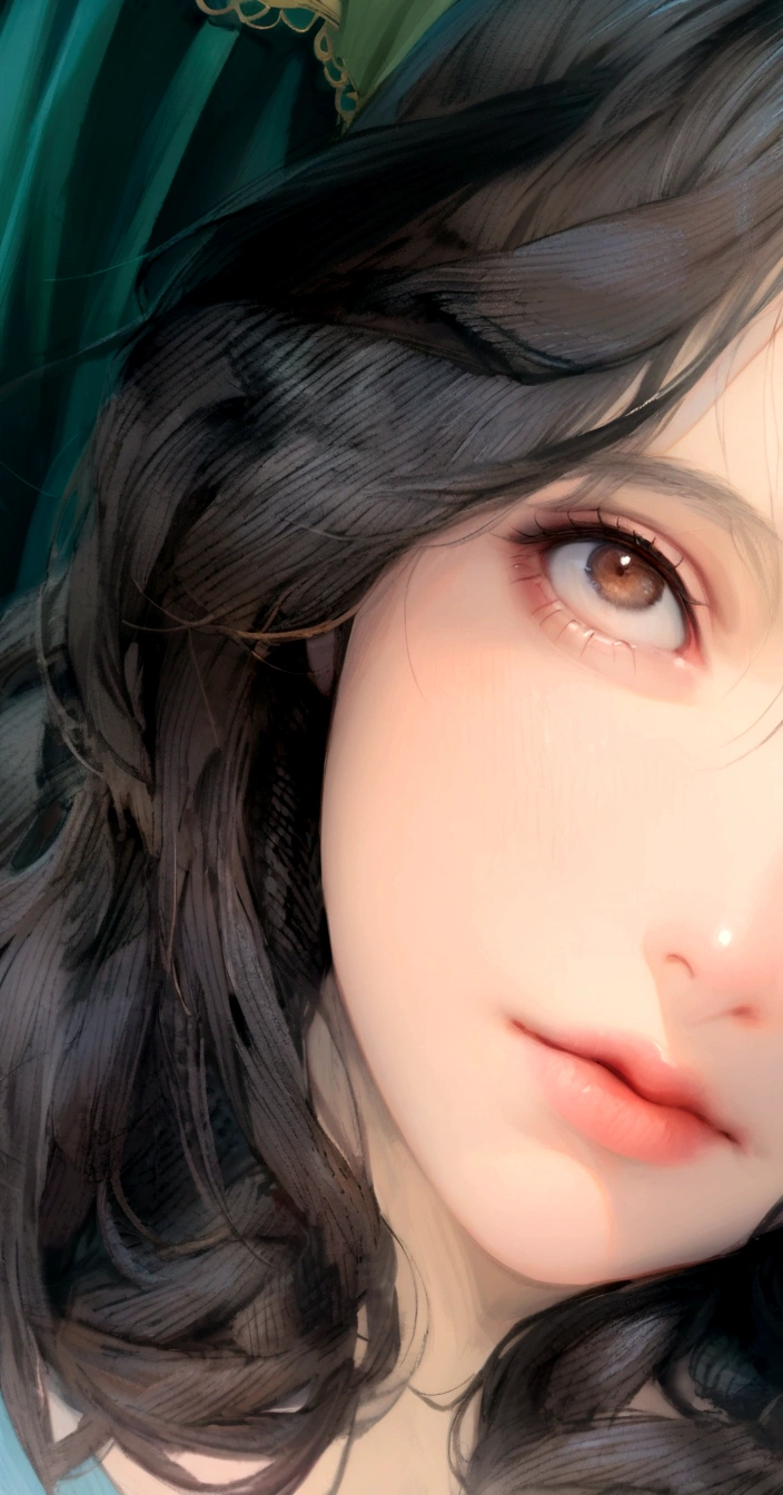 there is a woman with a blue shirt and a green curtain, close up face, stunning closeupheadshot, with cute doting eyes, black hair and large eyes, closeup face, cute and friendly eyes, large downslanted eyes, accurate brown eyes, brown eyes and white skin, very bright brown eyes, bright piercing brown eyes, closeup shot of face