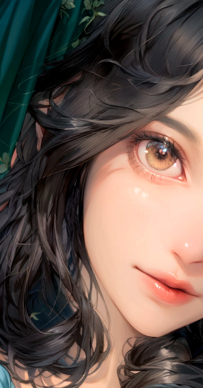 there is a woman with a blue shirt and a green curtain, close up face, stunning closeupheadshot, with cute doting eyes, black hair and large eyes, closeup face, cute and friendly eyes, large downslanted eyes, accurate brown eyes, brown eyes and white skin, very bright brown eyes, bright piercing brown eyes, closeup shot of face