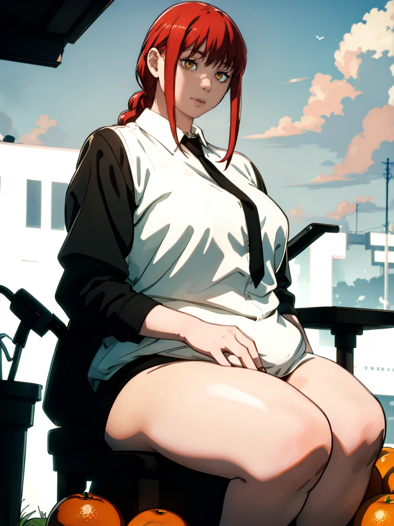 Le personnage Makima de la série animée Chainsaw Man, fragile, obésité morbide, ssbbw, pleine longueur (corps entier 1.1.), fond sombre, obscurité, anatomie correcte 1.1, anatomie correcte de la main, Très féminin, corps gras et rond, grosses Jambes, fesses, beau corps obèse, ventre rond et mou très gras, cheveux roux, Yeux oranges, Cercles rouges pour les écoliers, chemise blanche, jupe noire, cravate noire, pose sexy, réaliste, very détaillé, beau corps, détaillé body, détaillé hands, détaillé, vibrant, détaillé Face, Conception des personnages de Makima. very détaillé, détaillé body, détaillé hands, détaillé Face, Art animé, Hugh Détails, Visage très abattu, détaillé eyes, Illustration ultra fine, Meilleure ombre, détail fin, beautiful détaillé glow, beautiful détaillé, Extraordinairement beau, extremely détaillé, inexpressif, composition épique, Style animé. art animé, Style animé. Jupe noire, chemise blanche, cravatte, pose sexy, visage gras et bouffis et double menton
