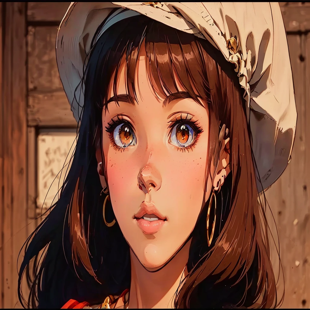 Anime girl with hat and earrings looking at camera, Detailed portrait of an anime girl, Detailed digital anime art, Stunning Anime Face Portraits, Realistic anime art style, Anime realism style, Close-up of a young anime girl, Anime Style. 8K, Cute realistic portrait, Digital anime illustration, semirealistic Anime Style, detailed manga style, loish art style, outside, out side