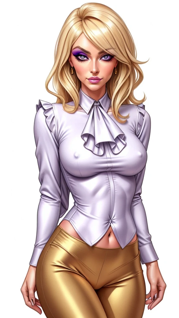 Lulu, gorgeous blonde woman, ruffle shirt, lithe, slim, gold silk pants, navel,
charcoal eyes, lilac makeup,
white background, blank background,