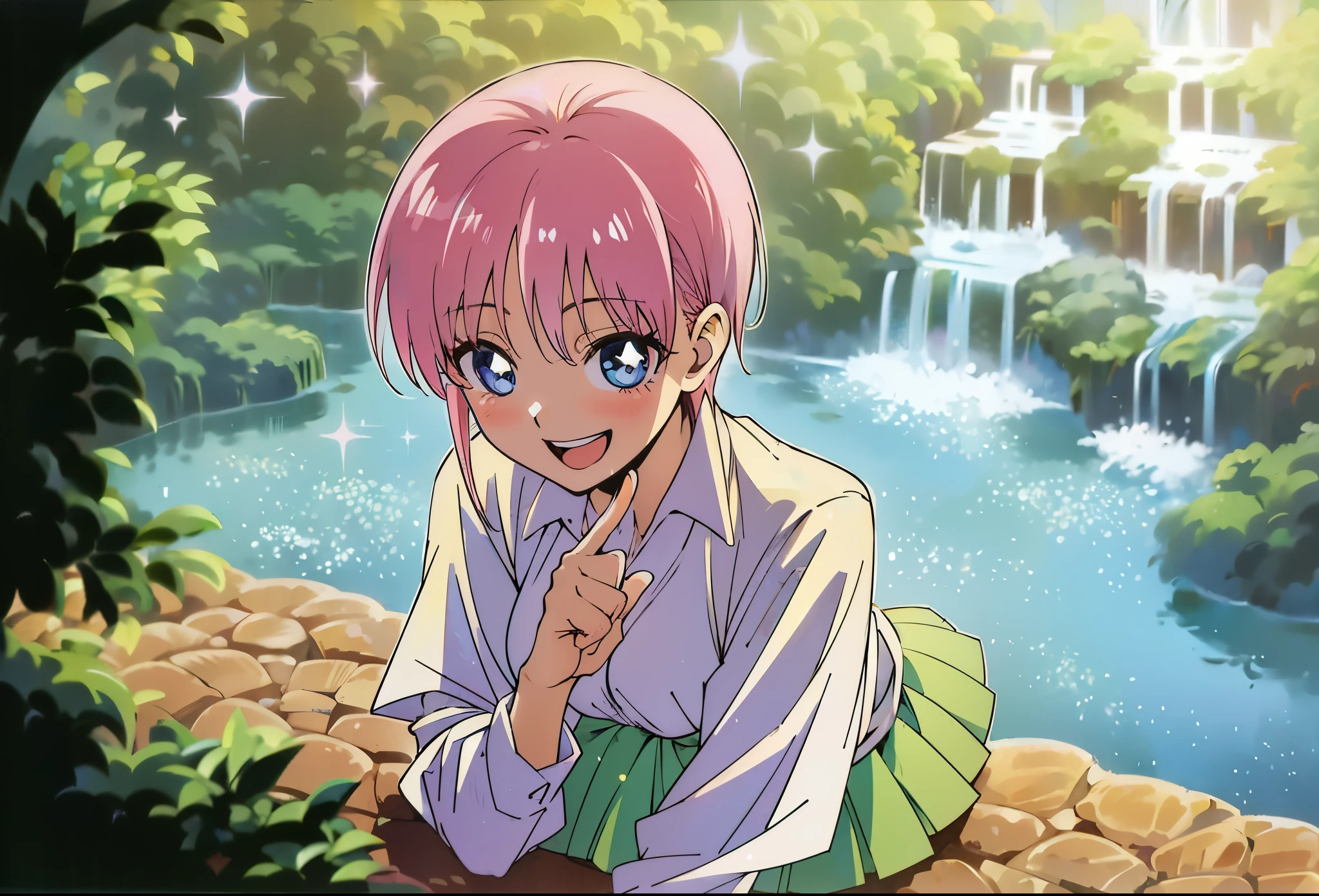 Scenery, light blue sky, 1girl, ichika sitting in the waterfalls, cloud, sitting on rocks in the middle of the waterfall, magical photography, ultra-detailed, 4k, Depth of field, High-resolution, outdoors, starry night sky, starts made of iridescent tears, pastel aesthetic colors, sfw, nakano_ichika, aaichika, Nakano ichika sitting in the waterfall, pixie cut, short silky pink hair, masterpiece, 4k, ultradetailed, cowboy shot, nakano ichika, blue eyes, sparkling eyes, green bowtie, veiled pretty iridescent dress, minimal dress, attractive confident smile, happy, cute, Official art、Beautifully Aesthetic:1.2)、(a beauty girl:1.3)、vivid colours、colourful, Soft Light, Deep Focus Bokeh, fantasy, galaxy, sparkling, splendid, colorful, dramatic lighting, intricate details, (1 girl, solo, alone), intricate details, sfw, nakano_ichika, sparkling eyes, laughing happily, crystal, fantasy, shimmering, sparkling, splendid, colorful, bright colours. fix her hands
