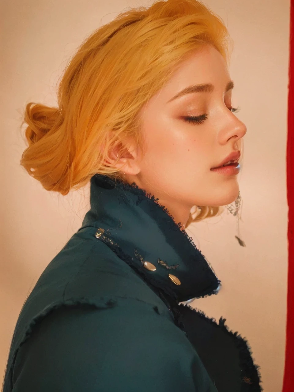 girl with closed eyes, blonde hair, blue trench coat, beautiful detailed eyes, beautiful detailed lips, extremely detailed face, long eyelashes, elegant pose, peaceful expression, moody lighting, cinematic colors, dramatic shadows, mystical atmosphere, (best quality,4k,8k,highres,masterpiece:1.2),ultra-detailed,(realistic,photorealistic,photo-realistic:1.37),cinematic lighting, dramatic contrast, muted color palette, dreamlike, introspective, melancholic