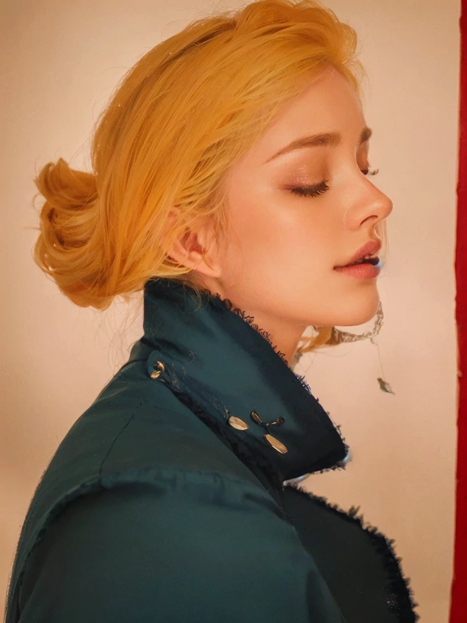 girl with closed eyes, blonde hair, blue trench coat, beautiful detailed eyes, beautiful detailed lips, extremely detailed face, long eyelashes, elegant pose, peaceful expression, moody lighting, cinematic colors, dramatic shadows, mystical atmosphere, (best quality,4k,8k,highres,masterpiece:1.2),ultra-detailed,(realistic,photorealistic,photo-realistic:1.37),cinematic lighting, dramatic contrast, muted color palette, dreamlike, introspective, melancholic