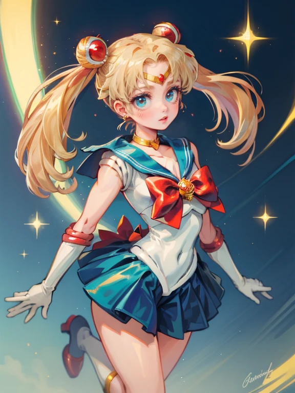 1girl, solo, (masterpiece), best quality, ultra-detailed, Sailor moon, aausagi, double bun, twintails, style, full body. fashion cloth, fancy. happy, smiling