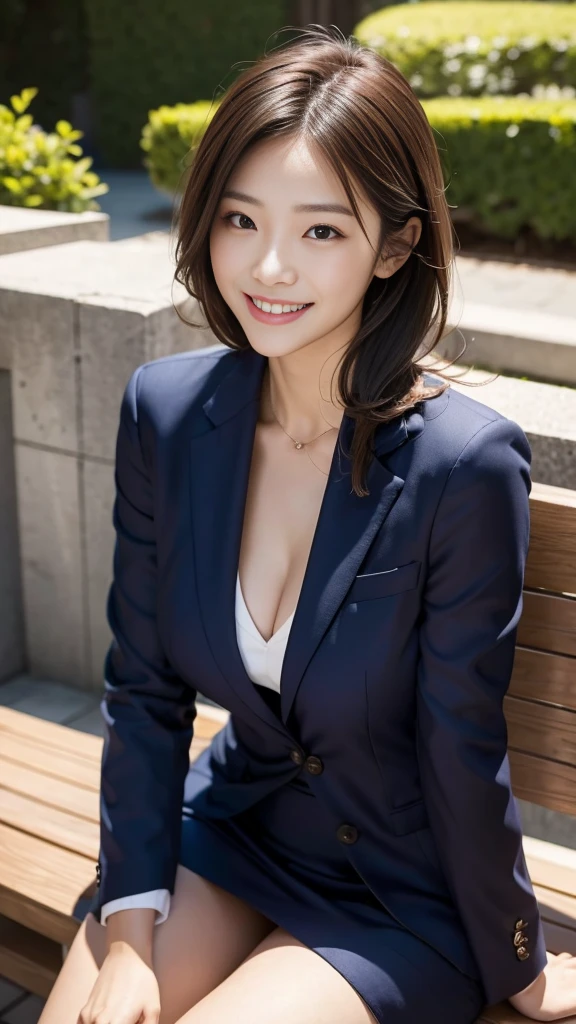 A scene of a woman wearing a low-cut suit sitting on a bench on a sunny day with a great smile