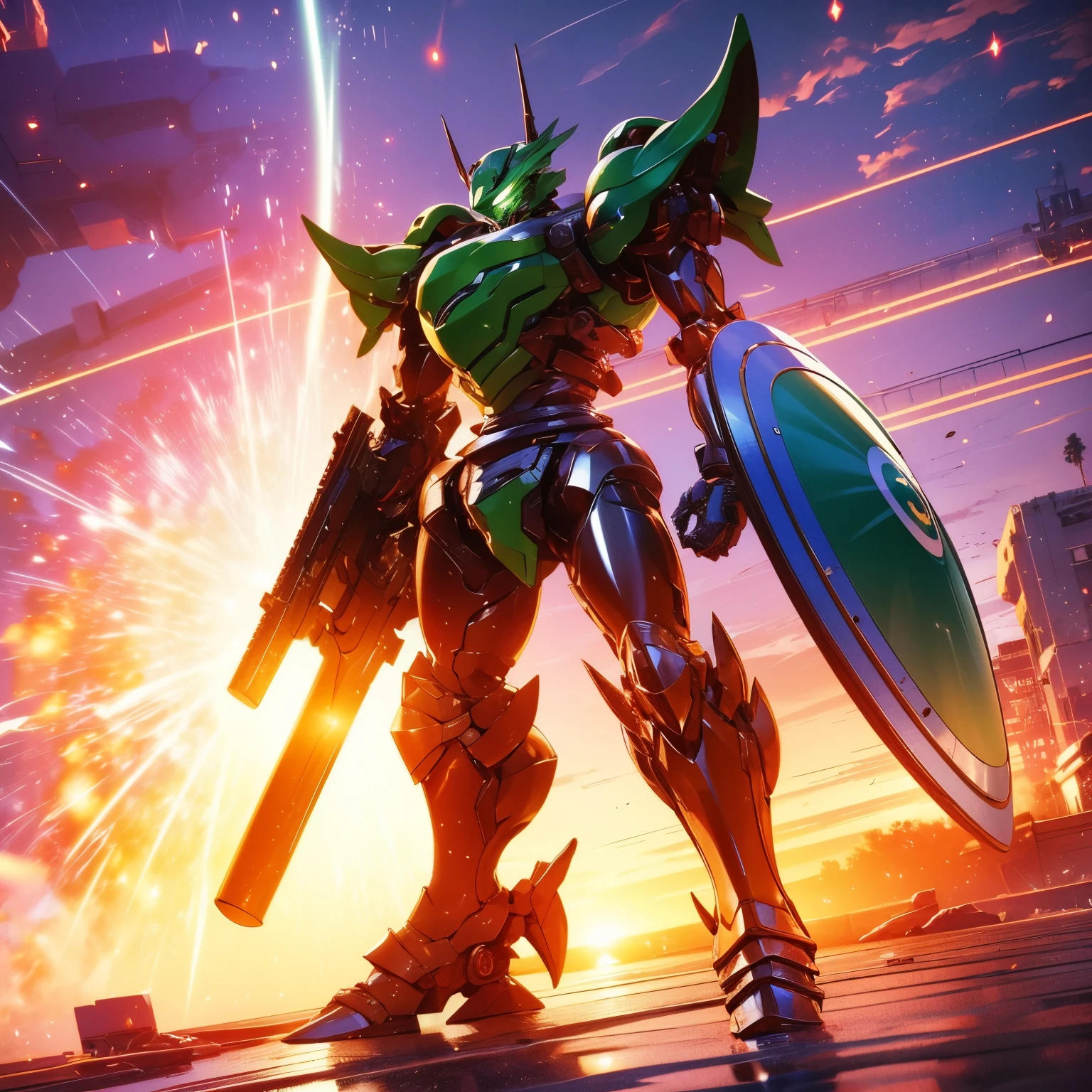 (artwork, better quality:1.7)Slender mech holding a medium-sized shotgun. The twig-looking thrusters. (Rounded and smooth body 1:5, Green shield: 2, scale armor:2 ). Carried two spare weapons, a closed-barreled shotgun and a heavy-caliber pistol. extremely detaild, 8k, HDR, naturallight, cinematic lighting, masterpiece-anatomy-perfect, ultra hd, Space Combat, battlefield, raw photo, metallic, professional, ultra-fine painting, perfect body proportions, anatomically correct, UHD, real texture material, Anti-aliasing, FKA, THAI, SSAO, Post processing, Post Production, Tone Mapping, cgi, VFX, SFX, Hyper maximalist, volumetric, ultra photorealultra-detailed intricate details.