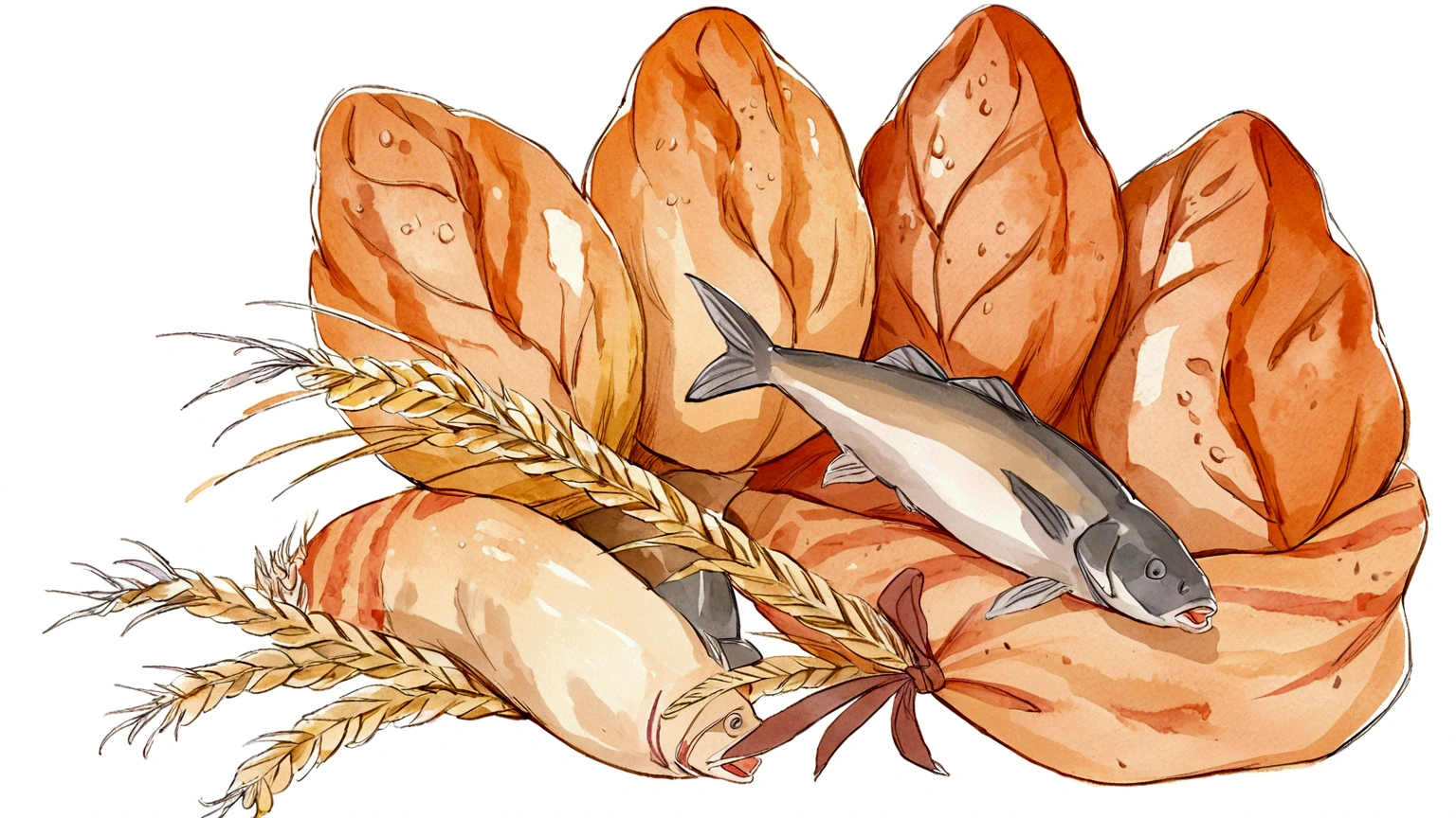 watercolor Five Loaves and Two Fish