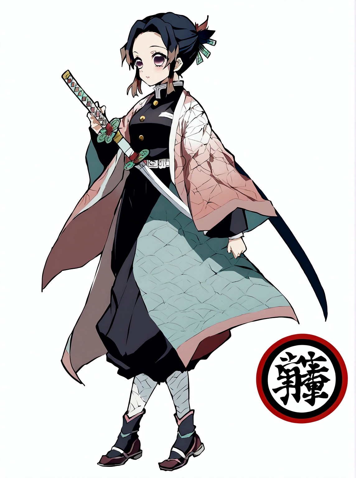 anime drawing inspired by Itō Ogura Yonesuke, trending on pixiv, shin hanga, in demon slayer art, kimetsu no yaiba, iconic demon slaying uniform, intricate patterns, sword on waist, simple back ground, full view,full body, whole body, all her body is seeable,1 girl, solo,tall hair,her hair is mostly pink with some blue,her hair is two colors (half pink and half light blue),