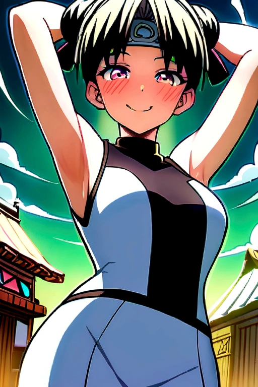 masterpiece, absurdres , (intricate details), (colorful),cinematic lighting,bust shot,extremely detailed CG unity 8k wallpaper,tenten\(shippuden\), 1girl, solo, ((white sleeveless turtleneck)), (large breasts), hand on hip,forehead protector, konohagakure symbol, headband, looking at viewer, (village street), charming smile, ((slim waist)), ((blushing)), armpit