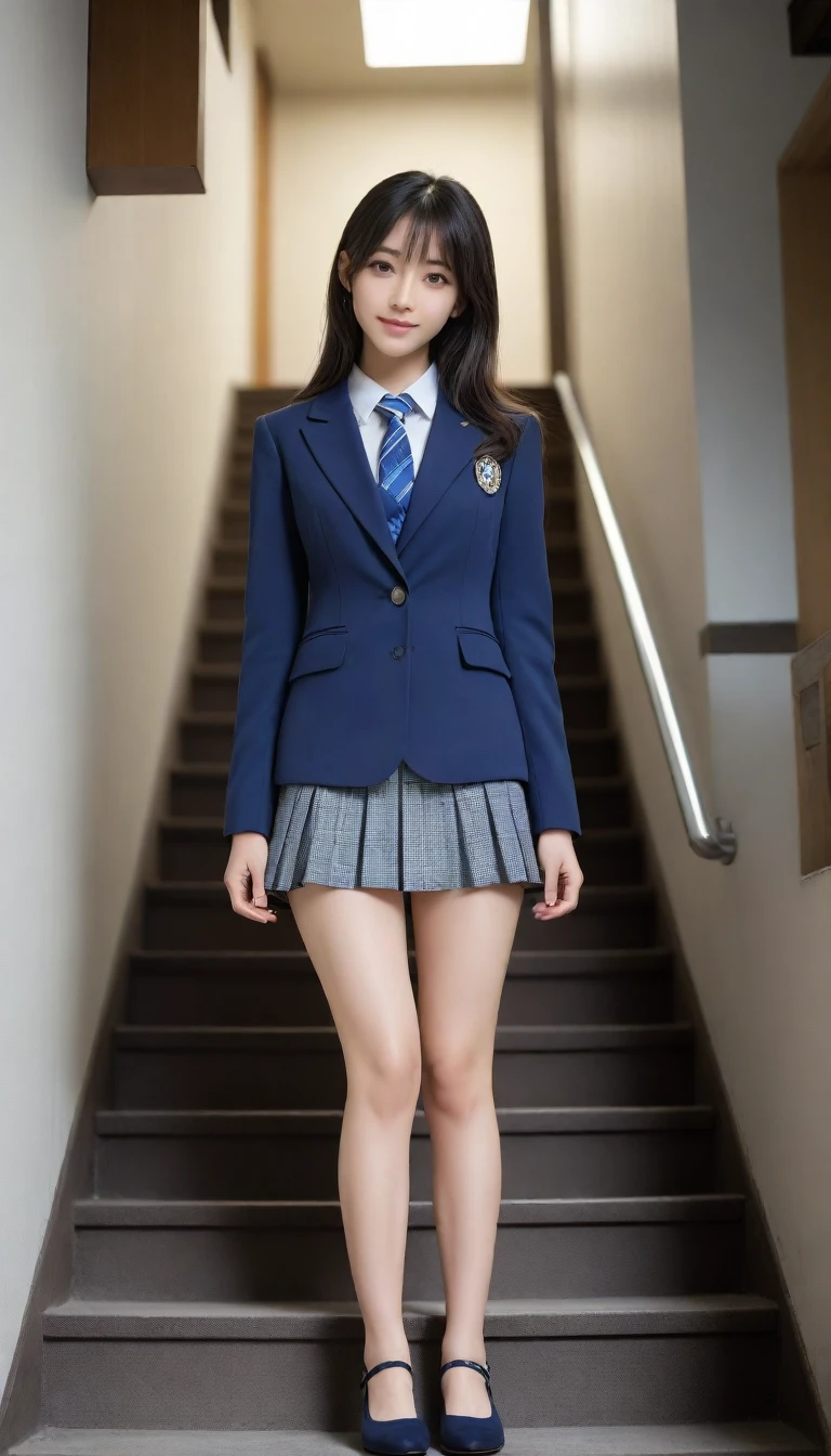 8K, Ultra-high resolution, Highest quality, masterpiece, 三分割法によるphotograph,Surreal, photograph, 1 Girl, (:1.3), pretty girl, Cute face, Beautiful eyes in every detail, 細かくdetailedに,masterpiece,, One Girl:1.2, Japan Female Announcer、Cowboy Shot,((very small head:1.3)),Center-parted bangs,amount,Black Hair,Long Hair,Iris,Gorgeous eyes,smile,((Toned body,Slender body,skinny)),(school uniform、Dark blue blazer jacket、Navy blue tie、Grey plaid pleated mini skirt,loafers),Glowing Skin,Shiny skin,Climbing the stairs,Fire escape in a building,Back view,Turn around and look at the audience,Beautiful leg line beauty,Captivating thighs,Full of sex appeal,Sensual,屈託のないsmile,Heal the heart,Ultra low angle、beauty,Long neck、Laugh a little、Please close your mouth and laugh、(((Ideal body type))),A cup small breasts :2,、Portraiture:2、Perfect Anatomy、鮮明なdetailed、detailed、Surreal、Light and shadow,Strong light