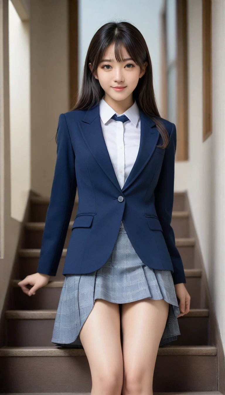 8K, Ultra-high resolution, Highest quality, masterpiece, 三分割法によるphotograph,Surreal, photograph, 1 Girl, (16 years old:1.3), pretty girl, Cute face, Beautiful eyes in every detail, 細かくdetailedに,masterpiece,, One Girl:1.2, Japan Female Announcer、Cowboy Shot,((very small head:1.3)),Center-parted bangs,amount,Black Hair,Long Hair,Iris,Gorgeous eyes,smile,((Toned body,Slender body,skinny)),(school uniform、Dark blue blazer jacket、Navy blue tie、Grey plaid pleated mini skirt,loafers),Glowing Skin,Shiny skin,Climbing the stairs,Fire escape in a building,Back view,Turn around and look at the audience,Beautiful leg line beauty,Captivating thighs,Full of sex appeal,Sensual,屈託のないsmile,Heal the heart,Ultra low angle、beauty,Long neck、Laugh a little、Please close your mouth and laugh、(((Ideal body type))),A cup small breasts :2,、Portraiture:2、Perfect Anatomy、鮮明なdetailed、detailed、Surreal、Light and shadow,Strong light