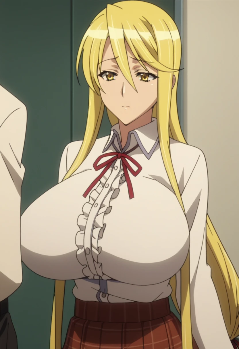 score_9, score_8_up, score_7_up, source_anime, rating_explicit, uncensored,masterpiece,best quality, source_anime, anime screencap, megami magazine, BREAK, shizuka marikawa, huge breasts, long hair, blonde hair, very long hair, low-tied long hair, yellow eyes, hair between eyes, skirt, shirt, long sleeves, ribbon, white shirt, frills, centered frills,