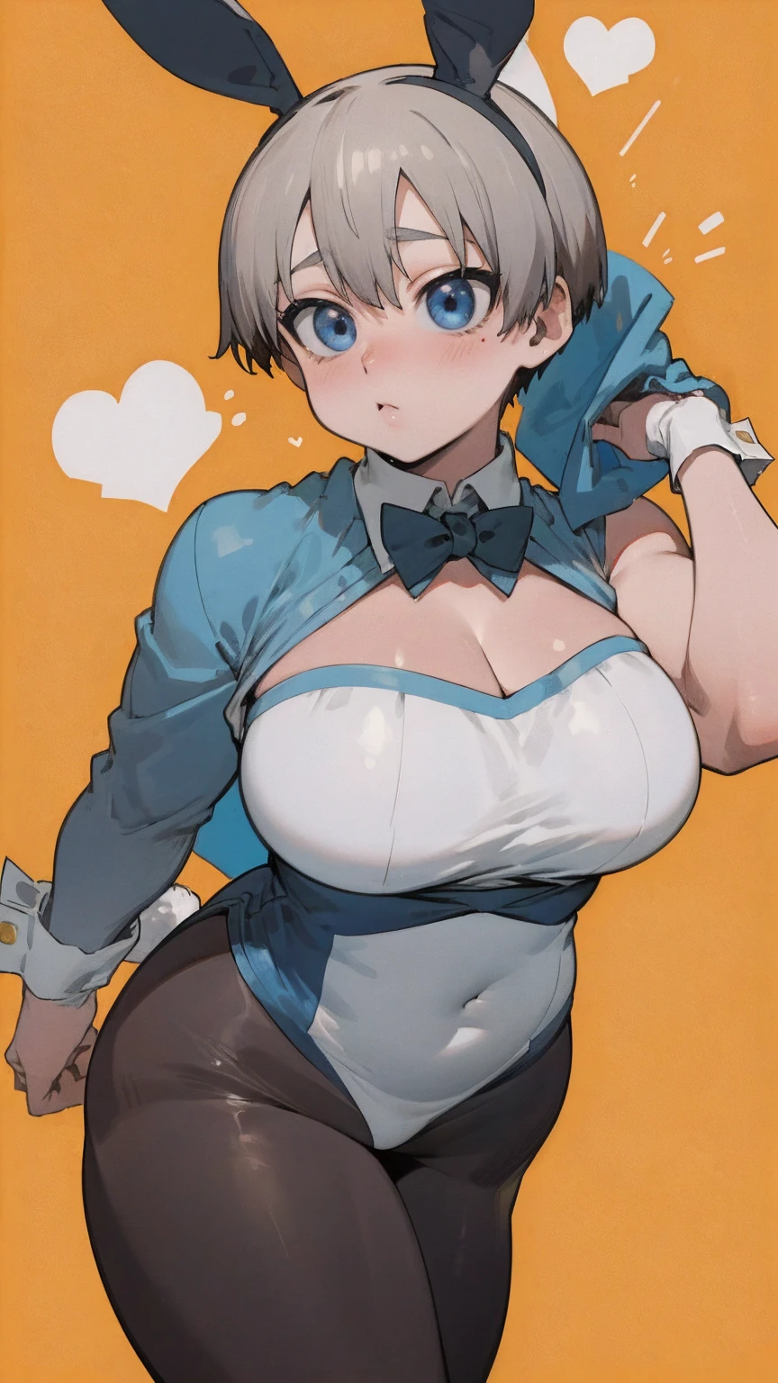 masterpiece, best quality, ultra-detailed, Potrait of beautiful , (chubby) (muscular), (plump), (sexly), (cleavage), ((tomboy)), (アニメ), (Breasts), (Plump), ((very short hair)), ((Uzaki Hana)), (overweight), (Gray Hair) (Wearing black tights), ((Saggy breasts)), (blue eyes), (Short Hair), (blue eyes), ((thick)), (bunny girl), (fullbody), (Bunny ears)