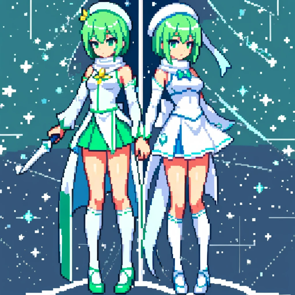 Pixel art、whole body、Left facing（important）、Small breasts、A light mint green color that is almost white, and white、Bow-legged、Hold two swords in each hand、Sword of light in right hand、Dark sword in left hand、Crossdresser、Magical girl、beret、Short Bob Hair、A loose scarf is wrapped around the neck。hair color：Soft、Light mint green hair, almost white。Eye color：Green Eyes。Costume：白とライトグリーンを基調としたMagical girlのCostume。She is wearing a petal-like mini slit skirt.。Divide the screen into four、I wrote them so that they would appear to move when connected together.。