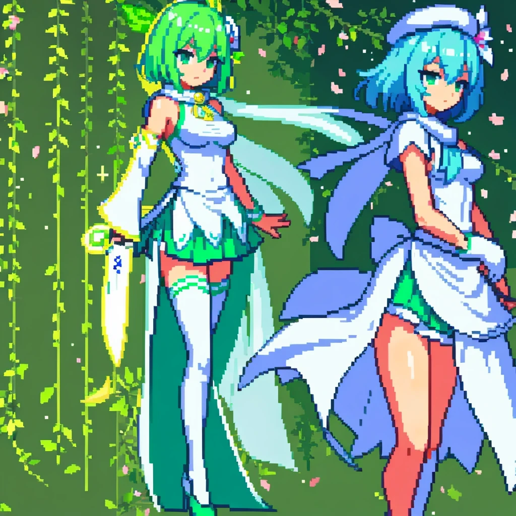 Pixel art、whole body、Left facing（important）、Small breasts、A light mint green color that is almost white, and white、Bow-legged、Hold two swords in each hand、Sword of light in right hand、Dark sword in left hand、Crossdresser、Magical girl、beret、Short Bob Hair、A loose scarf is wrapped around the neck。hair color：Soft、Light mint green hair, almost white。Eye color：Green Eyes。Costume：白とライトグリーンを基調としたMagical girlのCostume。She is wearing a petal-like mini slit skirt.。Divide the screen into four、I wrote them so that they would appear to move when connected together.。