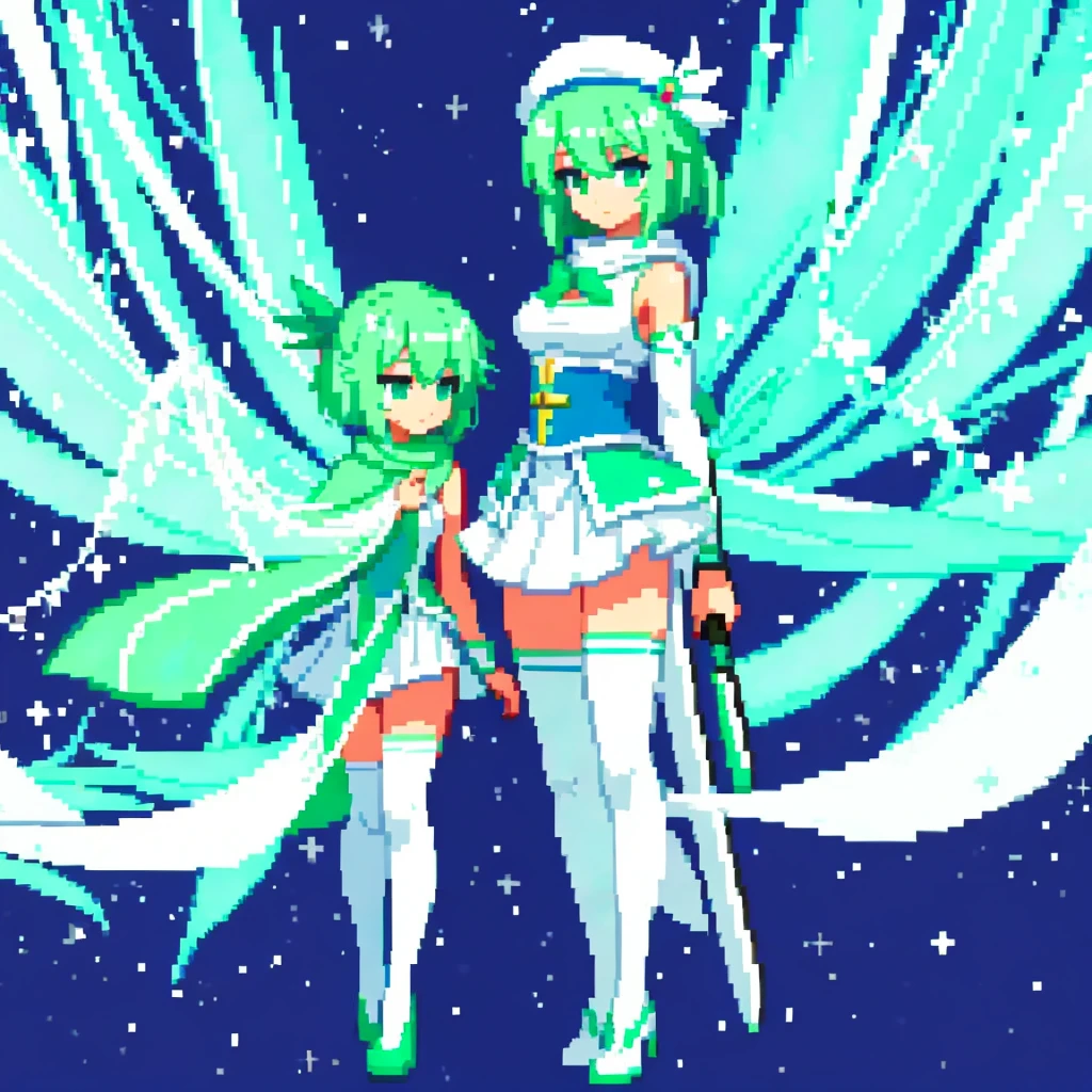 Pixel art、whole body、Left facing（important）、Small breasts、A light mint green color that is almost white, and white、Bow-legged、Hold two swords in each hand、Sword of light in right hand、Dark sword in left hand、Crossdresser、Magical girl、beret、Short Bob Hair、A loose scarf is wrapped around the neck。hair color：Soft、Light mint green hair, almost white。Eye color：Green Eyes。Costume：白とライトグリーンを基調としたMagical girlのCostume。She is wearing a petal-like mini slit skirt.。Divide the screen into four、I wrote them so that they would appear to move when connected together.。