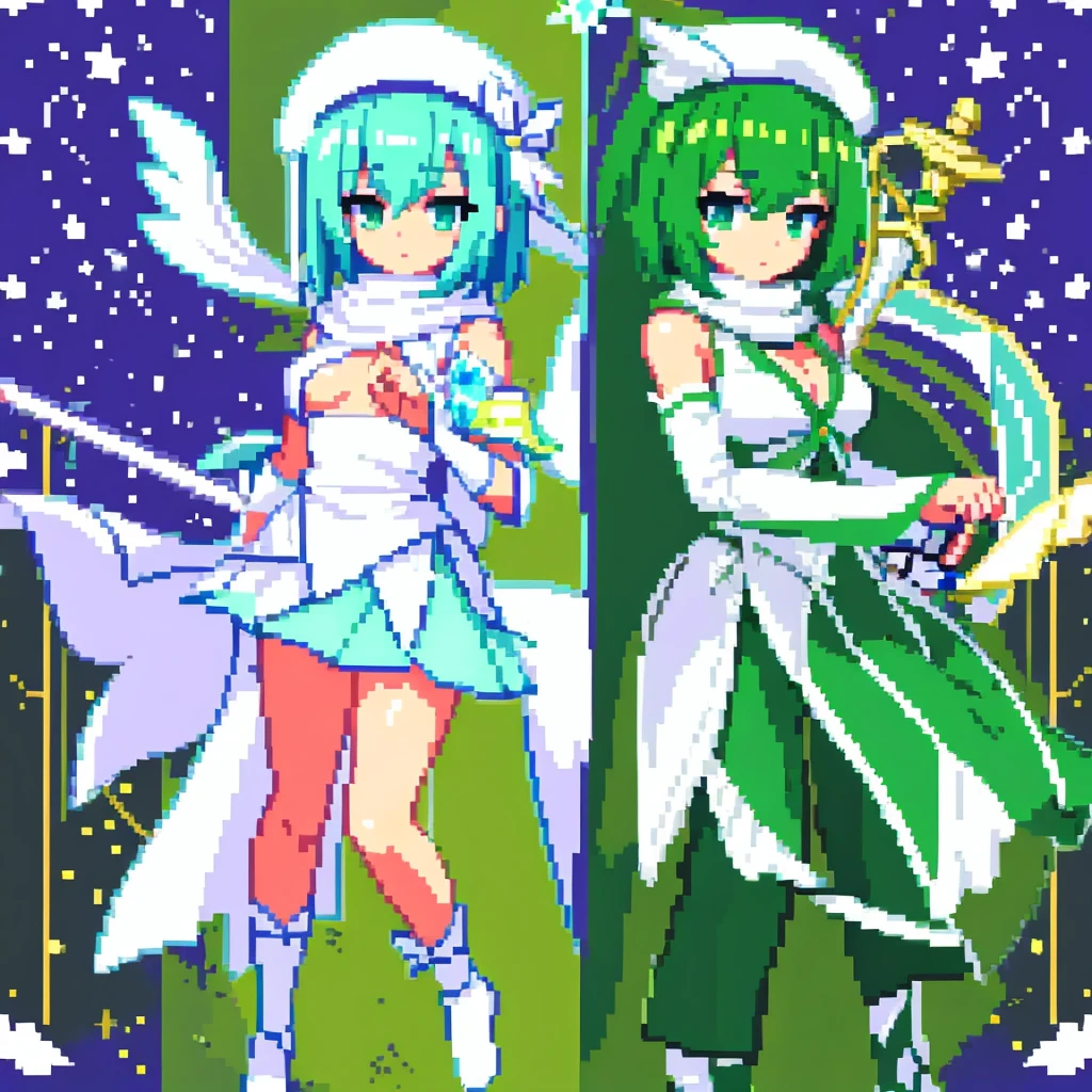 Pixel art、whole body、Left facing（important）、Small breasts、A light mint green color that is almost white, and white、Bow-legged、Hold two swords in each hand、Sword of light in right hand、Dark sword in left hand、Crossdresser、Magical girl、beret、Short Bob Hair、A loose scarf is wrapped around the neck。hair color：Soft、Light mint green hair, almost white。Eye color：Green Eyes。Costume：白とライトグリーンを基調としたMagical girlのCostume。She is wearing a petal-like mini slit skirt.。Divide the screen into four、I wrote them so that they would appear to move when connected together.。