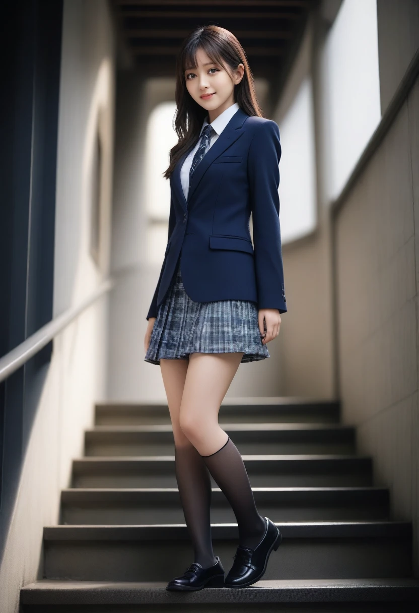 8K, Ultra-high resolution, Highest quality, masterpiece, 三分割法によるphotograph,Surreal, photograph, 1 Girl, (16 years old:1.3), pretty girl, Cute face, Beautiful eyes in every detail, 細かくdetailedに,masterpiece,, One Girl:1.2, Japan Female Announcer、Cowboy Shot,((very small head:1.3)),Center-parted bangs,amount,Black Hair,Long Hair,Iris,Gorgeous eyes,smile,((Toned body,Slender body,skinny)),(school uniform、Dark blue blazer jacket、Navy blue tie、Grey plaid pleated mini skirt,loafers),Glowing Skin,Shiny skin,Climbing the stairs,Fire escape in a building,Back view,Turn around and look at the audience,Beautiful leg line beauty,Captivating thighs,Full of sex appeal,Sensual,屈託のないsmile,Heal the heart,Ultra low angle、beauty,Long neck、Laugh a little、Please close your mouth and laugh、(((Ideal body type))),A cup small breasts :2,、Portraiture:2、Perfect Anatomy、鮮明なdetailed、detailed、Surreal、Light and shadow,Strong light