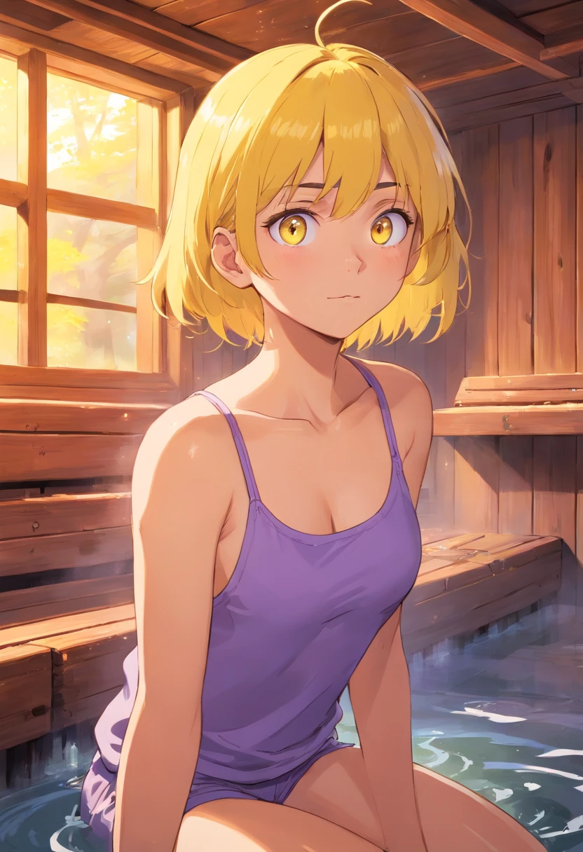 an athletic girl, flat chest, yellow hair, short messy hair, purple eyes, punk, in Sauna, sweating