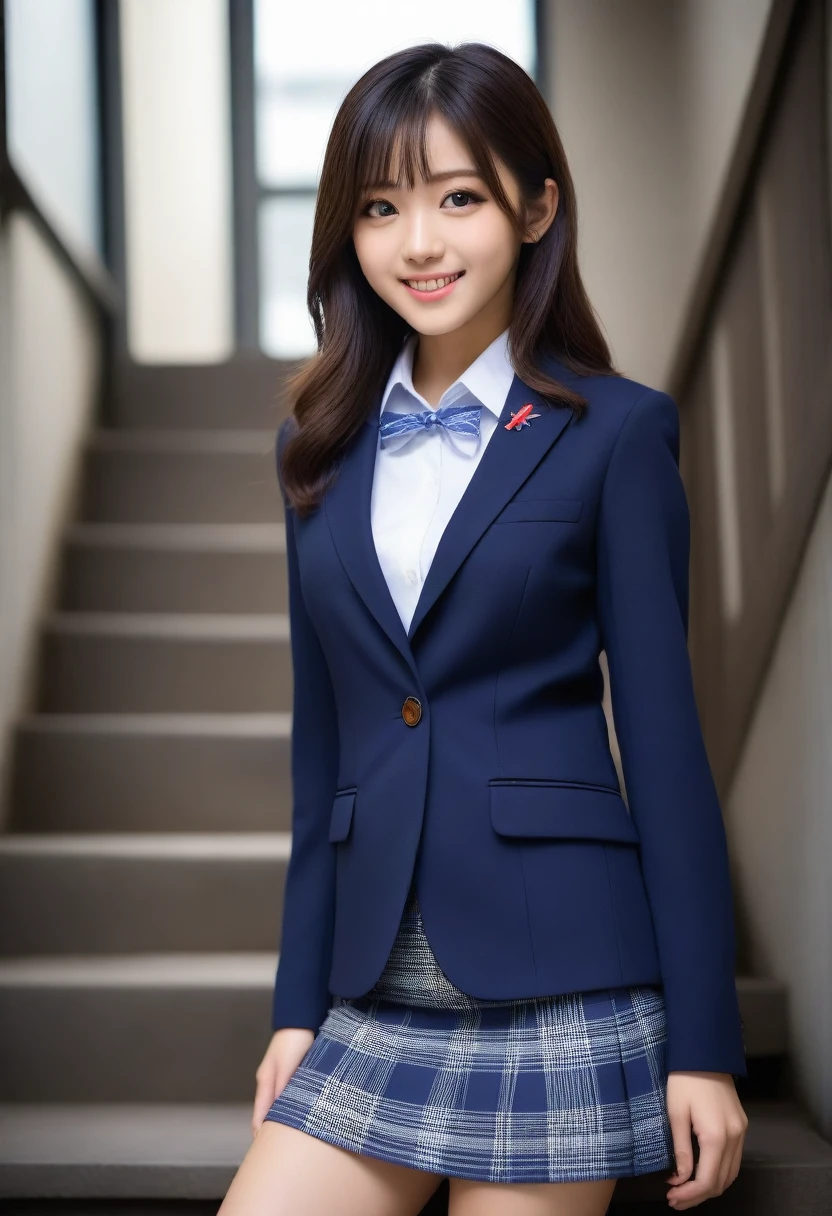 8K, Ultra-high resolution, Highest quality, masterpiece, 三分割法によるphotograph,Surreal, photograph, 1 Girl, (16 years old:1.3), pretty girl, Cute face, Beautiful eyes in every detail, 細かくdetailedに,masterpiece,, One Girl:1.2, Japan Female Announcer、Cowboy Shot,((very small head:1.3)),Center-parted bangs,amount,Black Hair,Long Hair,Iris,Gorgeous eyes,smile,((Toned body,Slender body,skinny)),(school uniform、Dark blue blazer jacket、Navy blue tie、Grey plaid pleated mini skirt,loafers),Glowing Skin,Shiny skin,Climbing the stairs,Fire escape in a building,Back view,Turn around and look at the audience,Beautiful leg line beauty,Captivating thighs,Full of sex appeal,Sensual,屈託のないsmile,Heal the heart,Ultra low angle、beauty,Long neck、Laugh a little、Please close your mouth and laugh、(((Ideal body type))),A cup small breasts :2,、Portraiture:2、Perfect ???????、鮮明なdetailed、detailed、Surreal、Light and shadow,Strong light