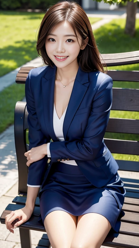 A scene of a woman wearing a low-cut suit sitting on a bench on a sunny day with a great smile