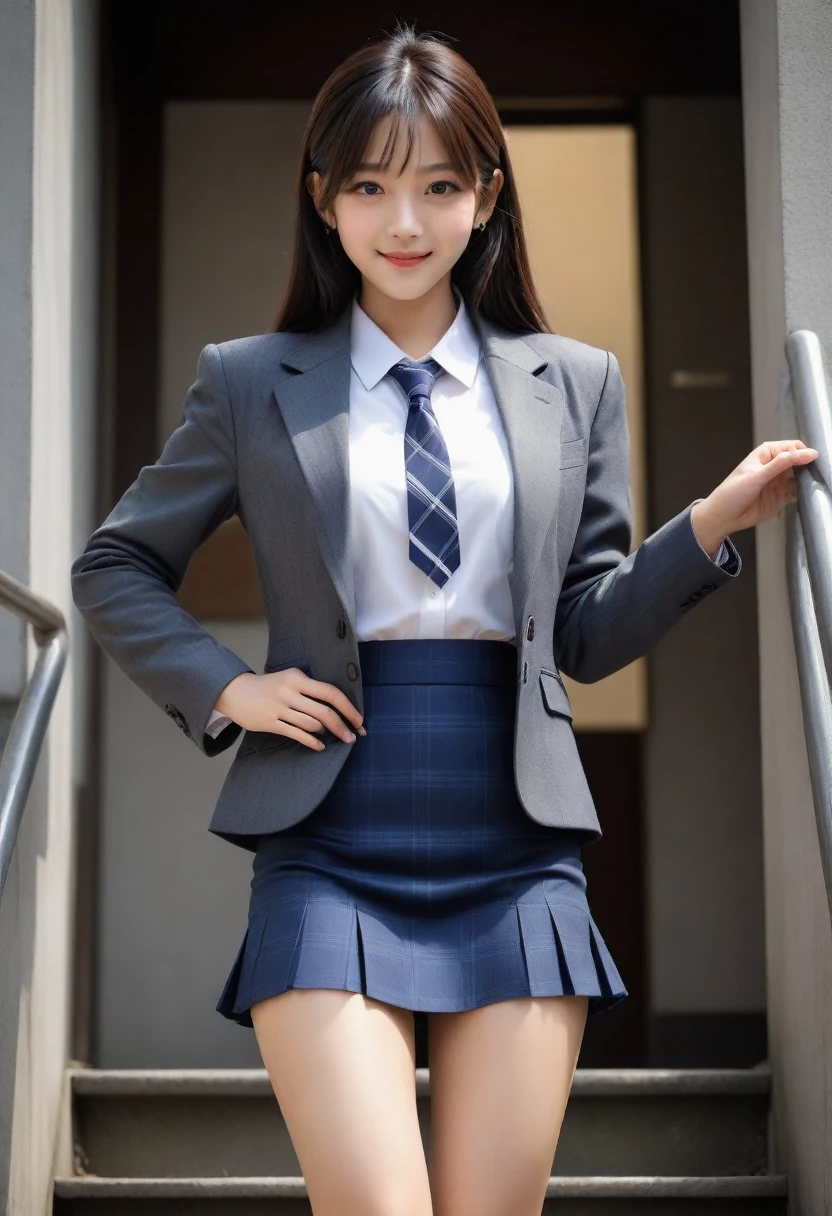 8K, Ultra-high resolution, Highest quality, masterpiece, 三分割法によるphotograph,Surreal, photograph, 1 Girl, (16 years old:1.3), pretty girl, Cute face, Beautiful eyes in every detail, 細かくdetailedに,masterpiece,, One Girl:1.2, Japan Female Announcer、Cowboy Shot,((very small head:1.3)),Center-parted bangs,amount,Black Hair,Long Hair,Iris,Gorgeous eyes,smile,((Toned body,Slender body,skinny)),(school uniform、Dark blue blazer jacket、Navy blue tie、Grey plaid pleated mini skirt,loafers),Glowing Skin,Shiny skin,Climbing the stairs,Fire escape in a building,Back view,Turn around and look at the audience,Beautiful leg line beauty,Captivating thighs,Full of sex appeal,Sensual,屈託のないsmile,Heal the heart,Ultra low angle、beauty,Long neck、Laugh a little、Please close your mouth and laugh、(((Ideal body type))),A cup small breasts :2,、Portraiture:2、Perfect Anatomy、鮮明なdetailed、detailed、Surreal、Light and shadow,Strong light