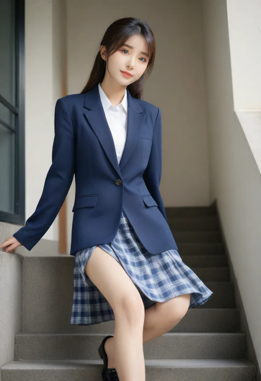 8K, Ultra-high resolution, Highest quality, masterpiece, 三分割法によるphotograph,Surreal, photograph, 1 Girl, (:1.3), pretty girl, Cute face, Beautiful eyes in every detail, 細かくdetailedに,masterpiece,, One Girl:1.2, Japan Female Announcer、Cowboy Shot,((very small head:1.3)),Center-parted bangs,amount,Black Hair,Long Hair,Iris,Gorgeous eyes,smile,((Toned body,Slender body,skinny)),(school uniform、Dark blue blazer jacket、Navy blue tie、Grey plaid pleated mini skirt,loafers),Glowing Skin,Shiny skin,Climbing the stairs,Fire escape in a building,Back view,Turn around and look at the audience,Beautiful leg line beauty,Captivating thighs,Full of sex appeal,Sensual,屈託のないsmile,Heal the heart,Ultra low angle、beauty,Long neck、Laugh a little、Please close your mouth and laugh、(((Ideal body type))),A cup small breasts :2,、Portraiture:2、Perfect Anatomy、鮮明なdetailed、detailed、Surreal、Light and shadow,Strong light