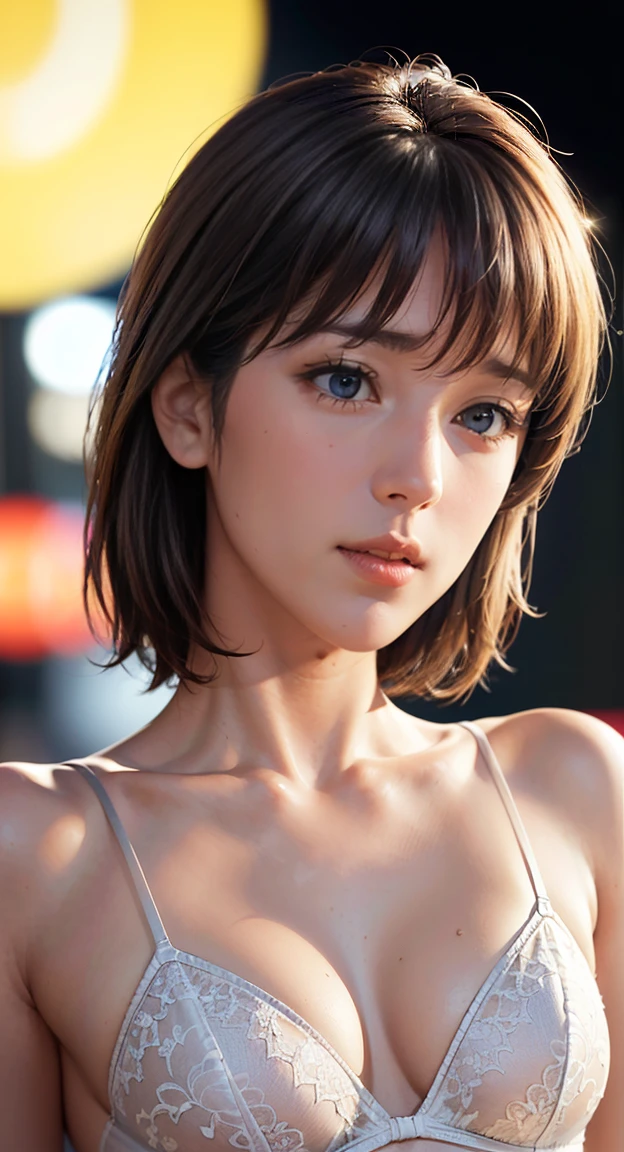 ((Highest quality, 8K, masterpiece: 1.3, RAW Photos)), Sharp focus: 1.2, (1. ASPA GIRL: 1.2), (Realistic, photo-Realistic:1.37), (Face Focus: 1.1), Cute face, Small breasts, Flat Chest, short, Messy Hair, (White Lingerie: 1.1), panties, From below, Beautiful woman standing under the light of a street lamp, Cinema Lighting