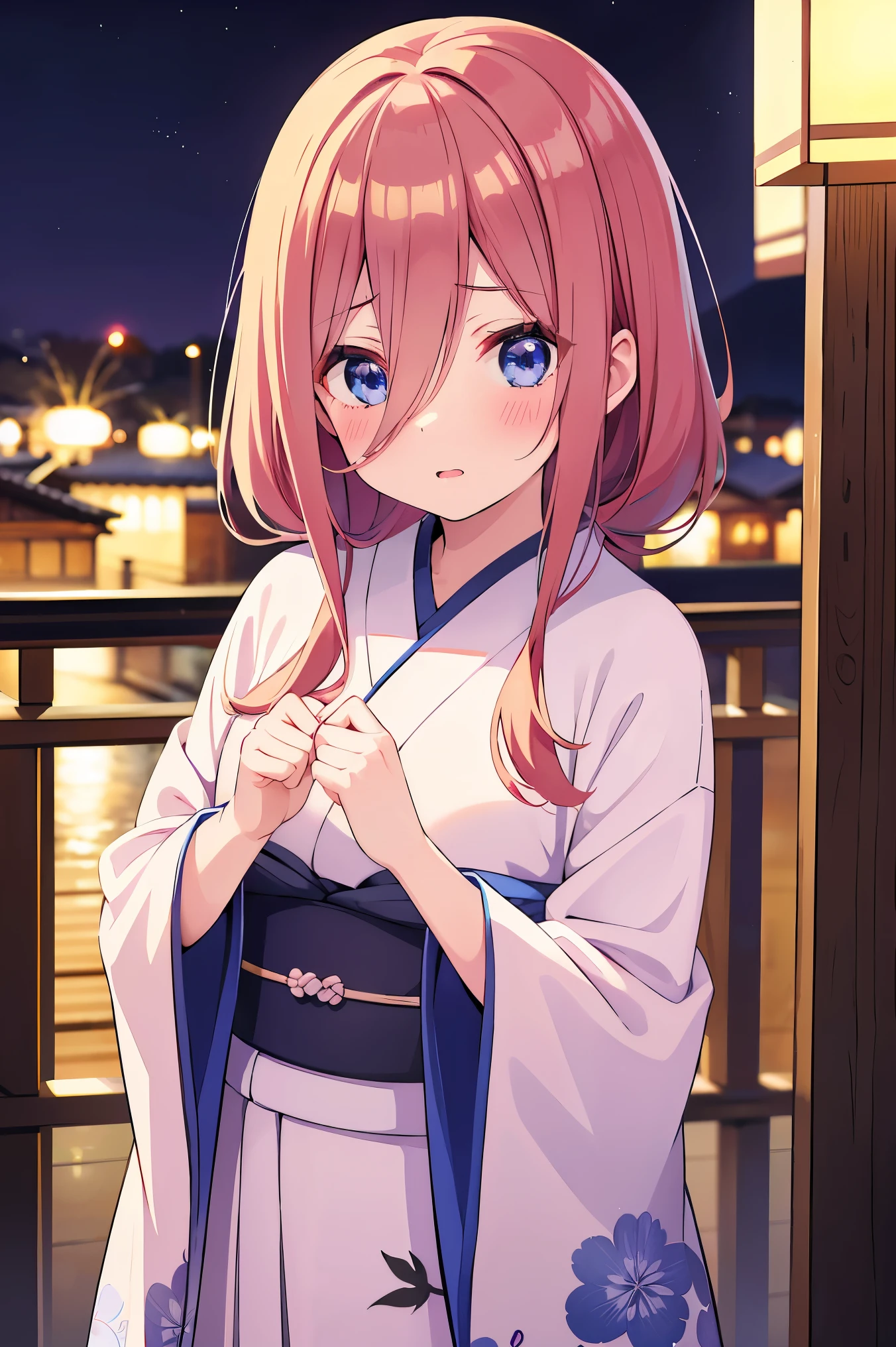 solo, ((masterpiece)),((high resolution)),((best quality)), extremely fine and beautiful, super fine illustration, (Miku nakano, top-quality、Official art、Beautifully Aesthetic:1.2)、(a beauty girl:1.3)、vivid colours、colourful, HD Detail, Ultra Detail, soft Light, Deep Focus Bokeh, magical photography, dramatic lighting, intricate details, (1 girl, solo, alone), , sfw, nakano_miku, blue eyes, indigo eyes, aayotsuba, Miku, sparkling blue eyes, sfw, pretty teenage girl with long dark pink hair, heart shaped lips and blue eyes making a cute face, blushing, aamiku, Nakano Miku from The Quintessential Quintuplets, Miku Nakano, masterpiece, 4k, ultradetailed, cowboy shot, nakano miku, long pink red hair, calm face, blushing, apathetic calm face, one strand of hair across her face, blue eyes, innocent, pure, shy, tender, old japan scenery, lod japan house, samurai queen clothes, medieval japanese lady, lovelymovie lighting, perfect shadow, realistic dark lighting, (dark), shaded, long shadows, medieval japanese scenery