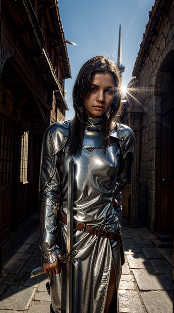 medieval sword, shiny blade, in front of a sun