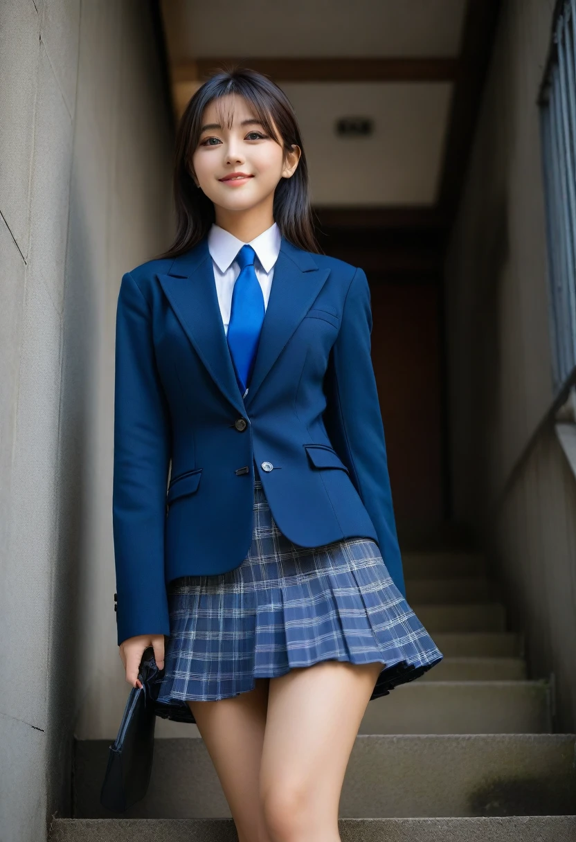 8K, Ultra-high resolution, Highest quality, masterpiece, 三分割法によるphotograph,Surreal, photograph, 1 Girl, (16 years old:1.3), pretty girl, Cute face, Beautiful eyes in every detail, 細かくdetailedに,masterpiece,, One Girl:1.2, Japan Female Announcer、Cowboy Shot,((very small head:1.3)),Center-parted bangs,amount,Black Hair,Long Hair,Iris,Gorgeous eyes,smile,((Toned body,Slender body,skinny)),(school uniform、Dark blue blazer jacket、Navy blue tie、Grey plaid pleated mini skirt,loafers),Glowing Skin,Shiny skin,Climbing the stairs,Fire escape in a building,Back view,Turn around and look at the audience,Beautiful leg line beauty,Captivating thighs,Full of sex appeal,Sensual,屈託のないsmile,Heal the heart,Ultra low angle、beauty,Long neck、Laugh a little、Please close your mouth and laugh、(((Ideal body type))),A cup small breasts :2,、Portraiture:2、Perfect Anatomy、鮮明なdetailed、detailed、Surreal、Light and shadow,Strong light